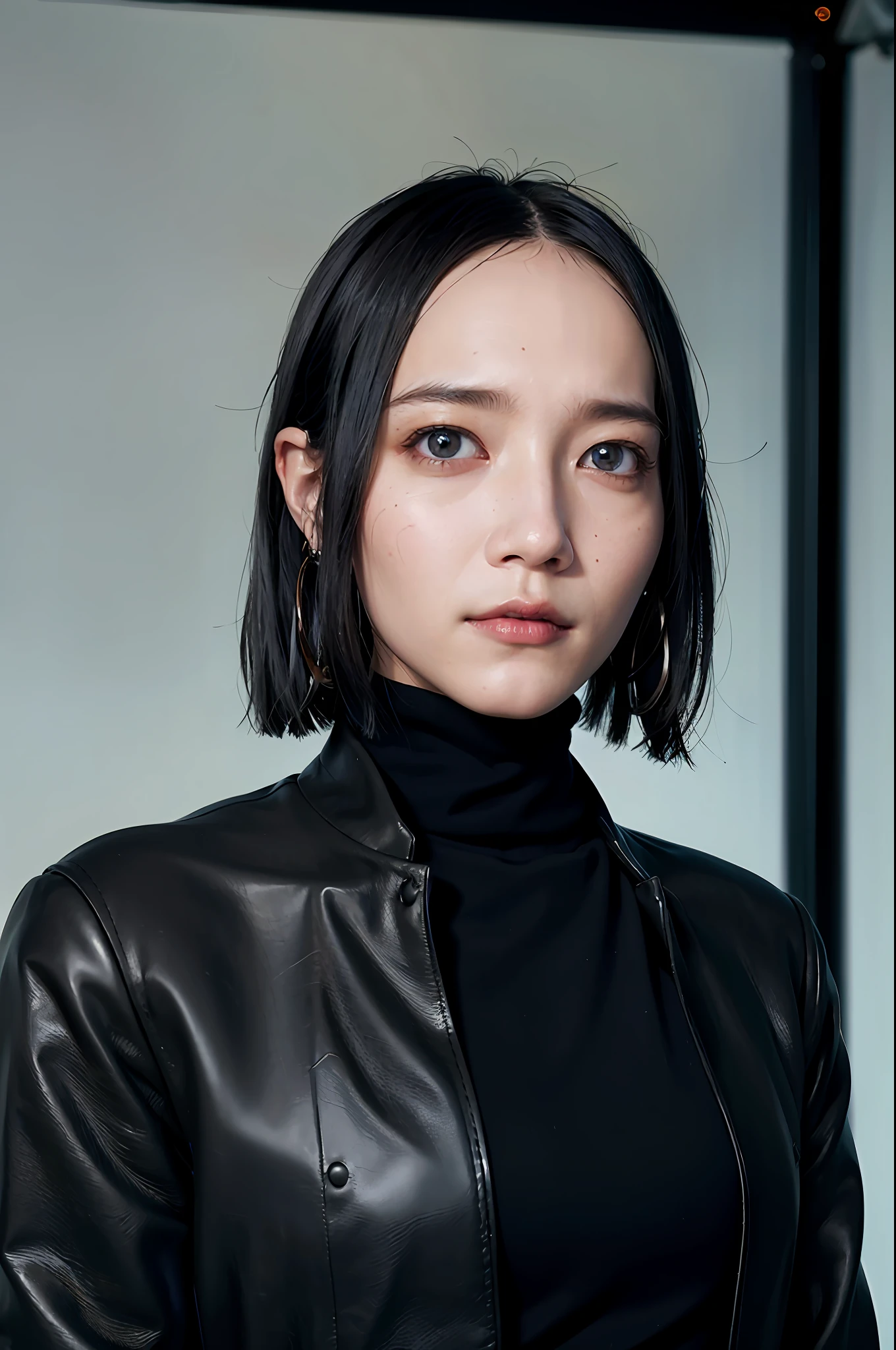 modelshot, cinematic still, 28 years asian girl standing, upper body, (black eyes:1.3), mid wavy hair, (green turtleneck sweater, leather jacket), soft natural light, in dark,
((masterpiece)),(best quality),(highres),Highly detailed RAW color photo,extremely detailed,photo-realistic,realistic,incredibly absurdres,highly detailed,sharp focus,, (professional studio lighting),(professionally color graded),rim light,dramatic lighting,cinematic lighting,lumen reflections,soft natural lighting,muted color,photon mapping,radiosity,, (beautiful eyes),(detailed eyes),(detailed face),symmetry eyes,sharp eyes,cool face,