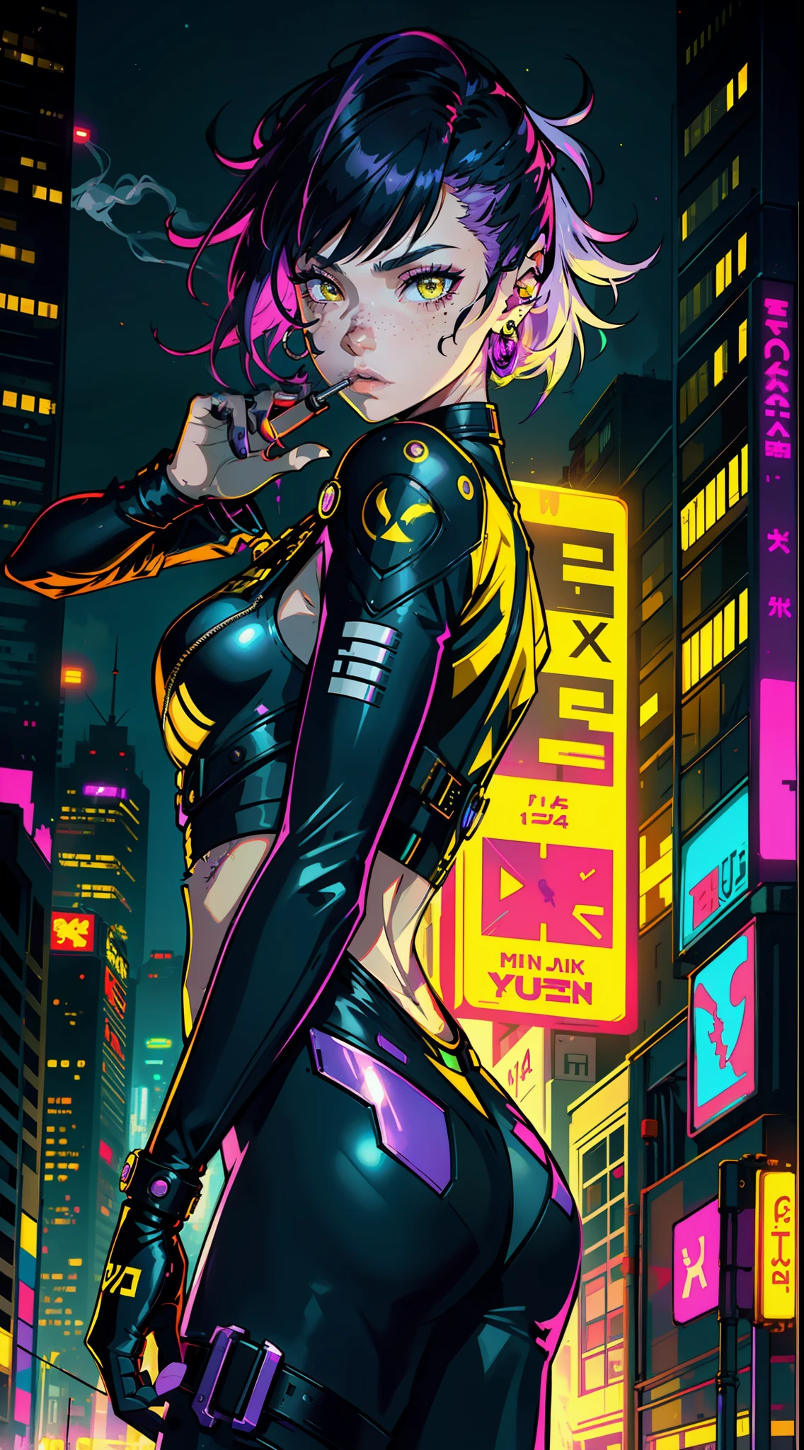 1girl,solo,colorful,yellow eyes,cyberpunk,city,peace sign,earrings,purple hair,eye patche,freckles,prothesis,mechanic,neon,beautiful lighting,purple reflection,cap,smoking,character focus,cg illustration,bust shot,yellow and black outfit,black hair,
