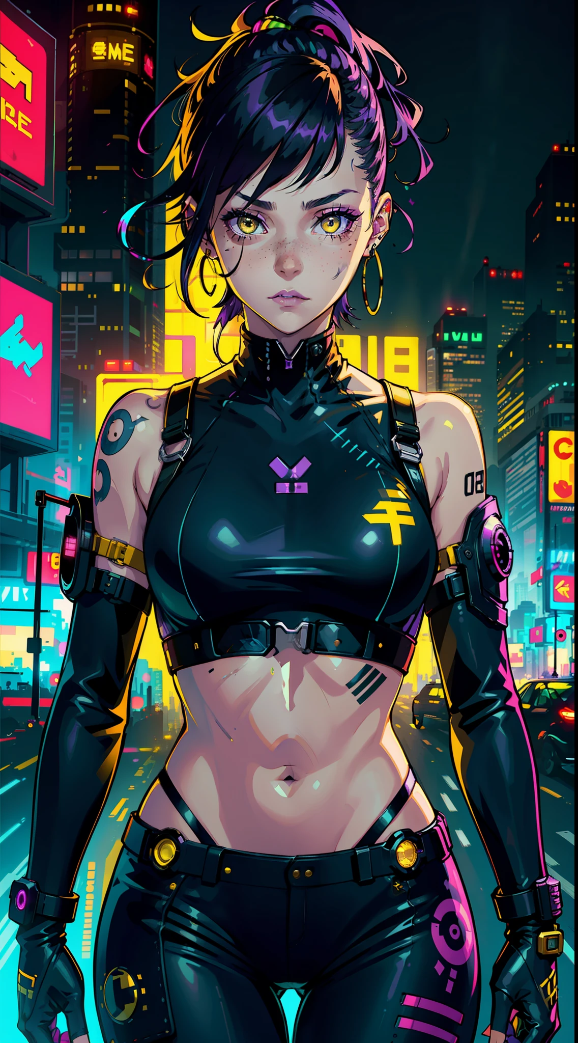 1girl,solo,colorful,yellow eyes,cyberpunk,city,peace sign,earrings,purple hair,eye patche,freckles,prothesis,mechanic,neon,beautiful lighting,purple reflection,cap,smoking,character focus,cg illustration,bust shot,yellow and black outfit,black hair,