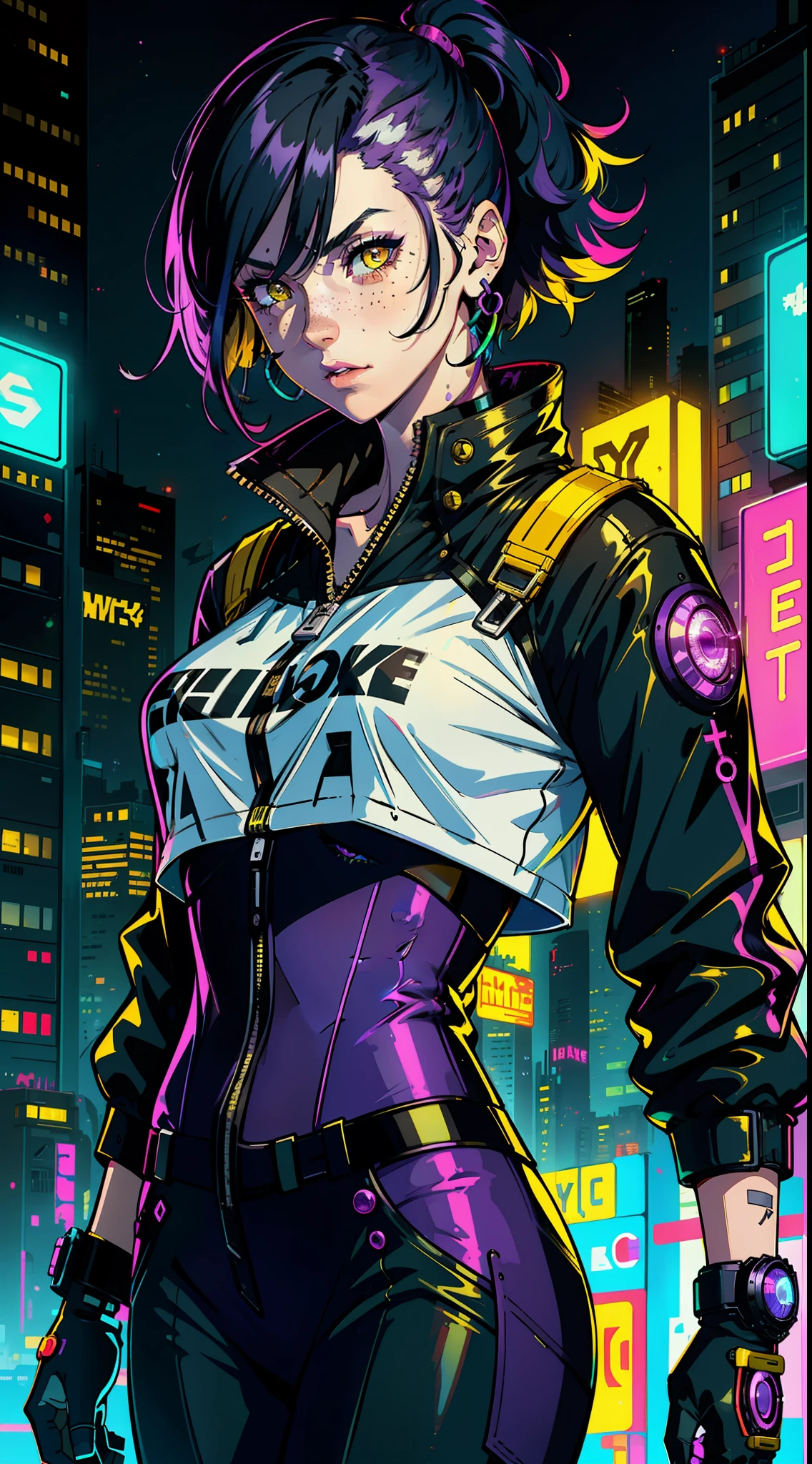 1girl,solo,colorful,yellow eyes,cyberpunk,city,peace sign,earrings,purple hair,eye patche,freckles,prothesis,mechanic,neon,beautiful lighting,purple reflection,cap,smoking,character focus,cg illustration,bust shot,yellow and black outfit,black hair,