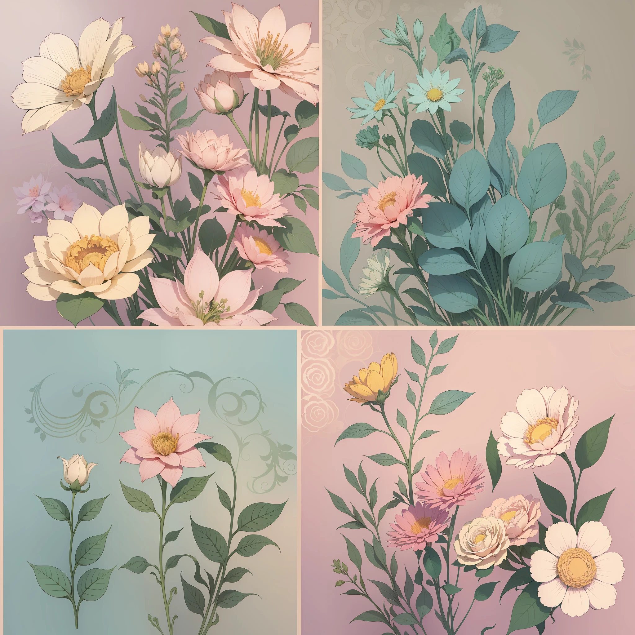 Set pattern of large flowers with plants and vines, defined shape, flat style, vector style, drawing style, naïve style, wallpaper style, in soft pastel colors such as old pink, pastel blue, light blue, beige, pastel violet, pastel yellow and white. No shadows in the images.