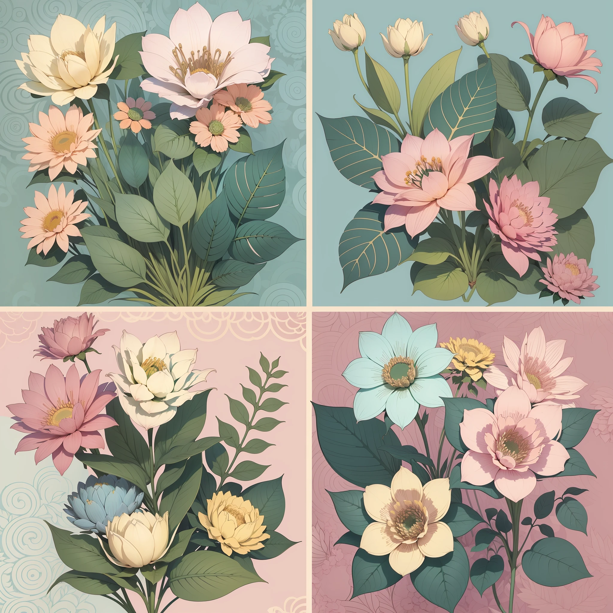 Set pattern of large flowers with plants and vines, defined shape, flat style, vector style, drawing style, naïve style, wallpaper style, in soft pastel colors such as old pink, pastel blue, light blue, beige, pastel violet, pastel yellow and white. No shadows in the images.