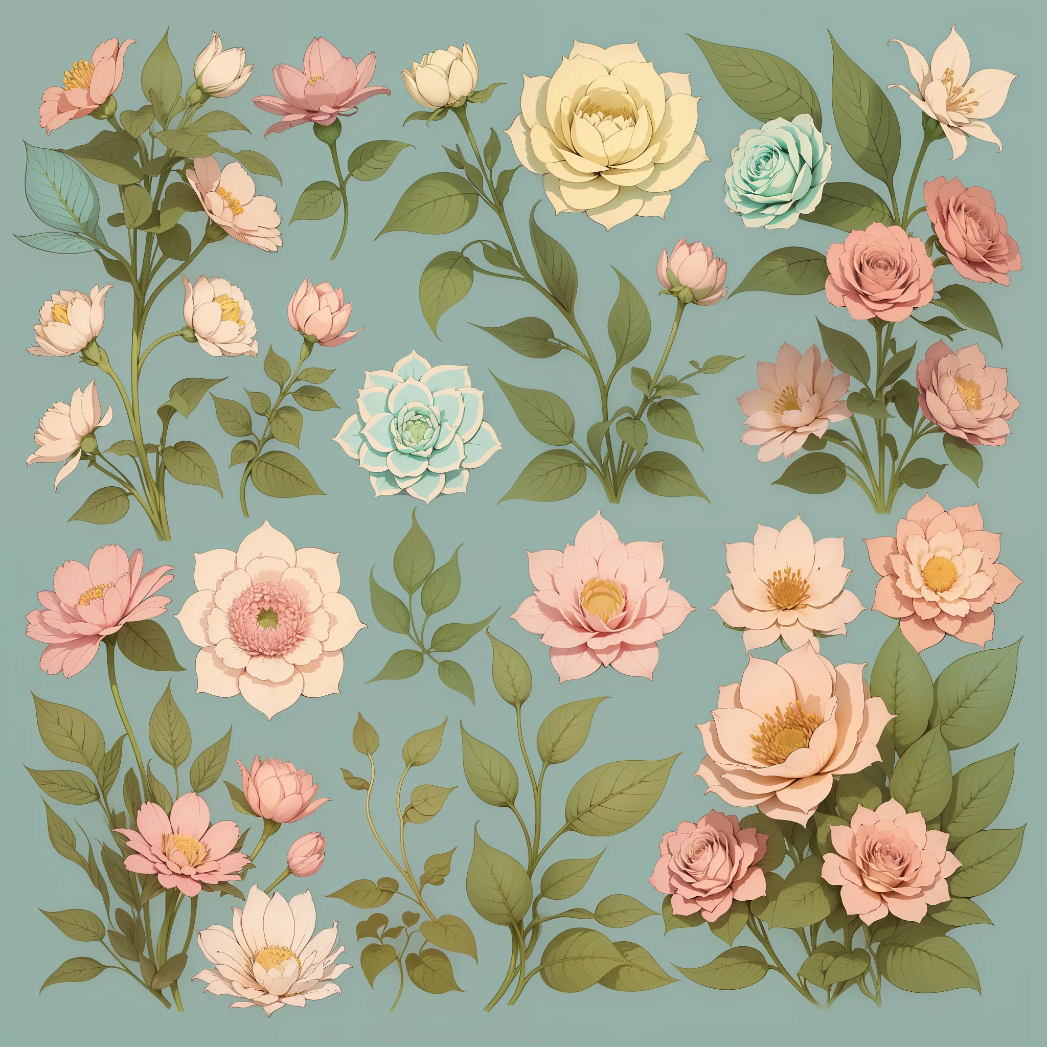 Set pattern of large flowers with plants and vines, defined shape, flat style, vector style, drawing style, naïve style, wallpaper style, in soft pastel colors such as old pink, pastel blue, light blue, beige, pastel violet, pastel yellow and white. No shadows in the images.