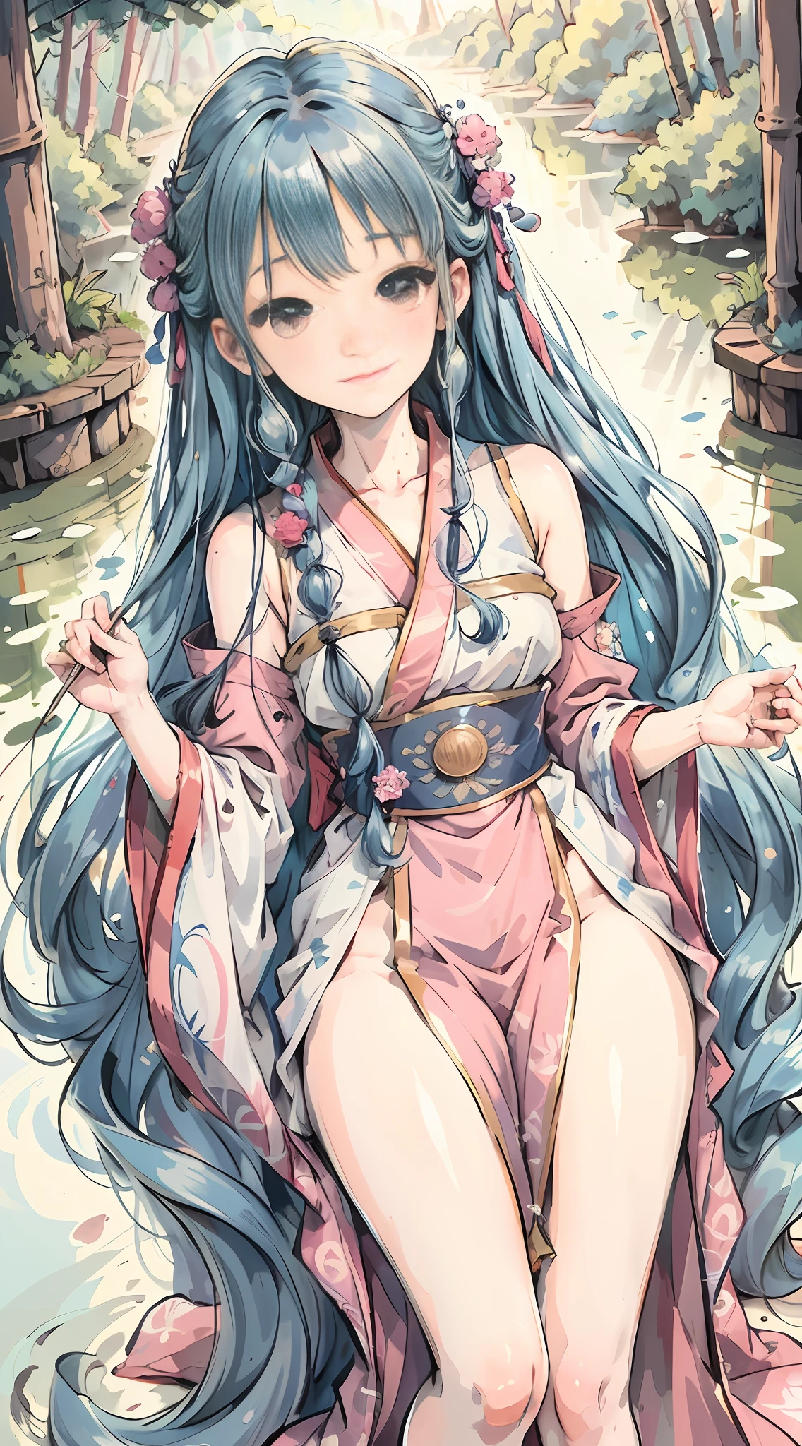 Masterpiece, best quality, official art, 8k wallpaper, very detailed, illustration, 1 girl, sky blue hair, long hair, detailed eyes, Forrest Gump, bare shoulders, hanfu, lake, pure, soft smile, bamboo, ((blush)), (shy)), looking at the audience, hands forward for a hug