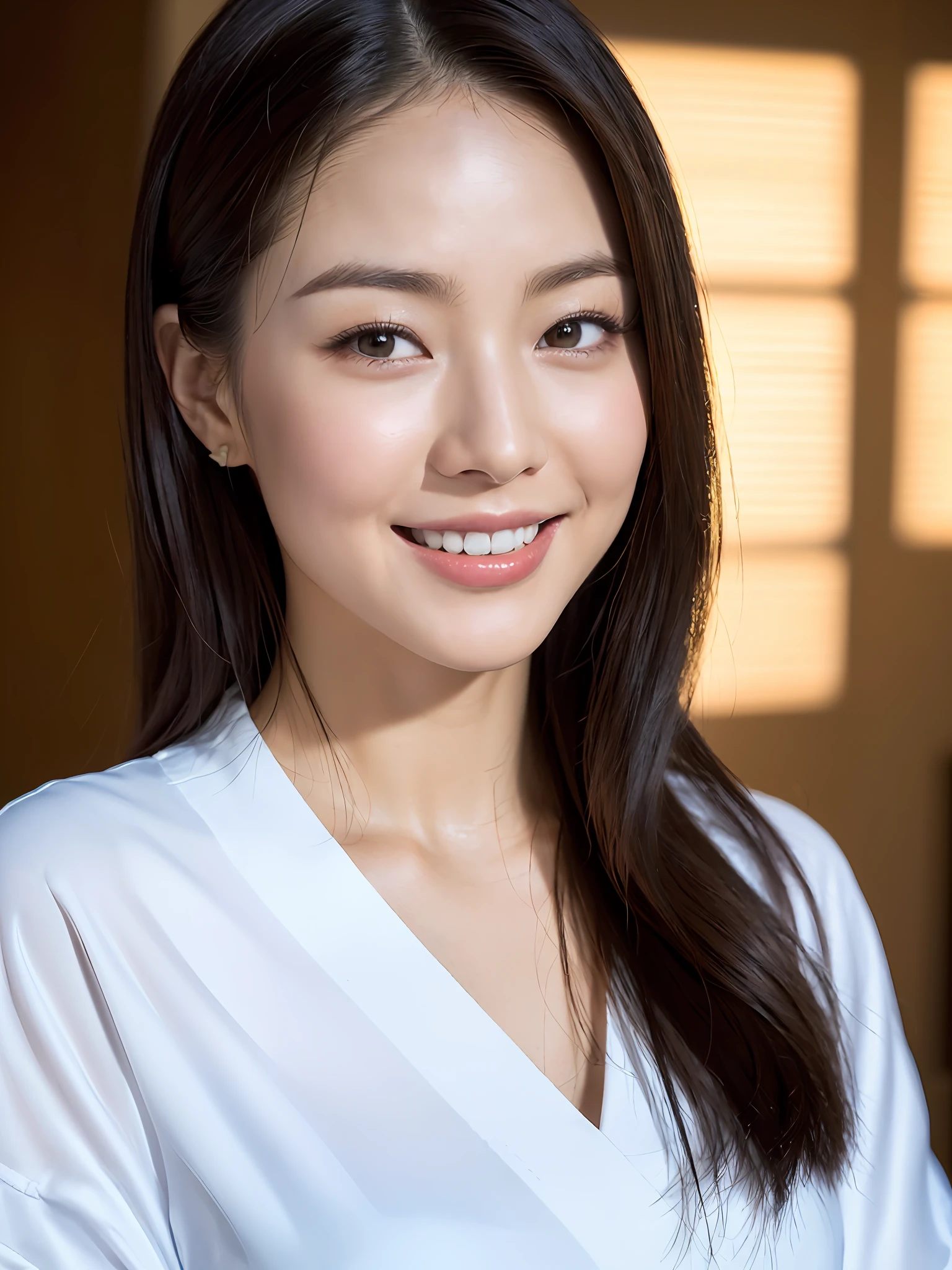 Kimono-dressed, (photo: Realistic: 1.4), (Hyper-realistic: 1.4), (Realistic: 1.3), (smoother lighting: 1.05), (improved lighting quality of movies: 0.9), 32K, 1 girl, 20 year old girl, realistic lighting, backlight, face light, ray tracing, (brighten light: 1.2), (increase quality: 1.4), (top quality real texture skins (1.4), Fine Eyes, Fine Face, (Tired, Sleepy and Joy: 0), (Laughter: 0), Face Close-up, T-Shirt, (Body Line Mood Up: 1.1), (Skin Texture Beauty Up: 1.1)