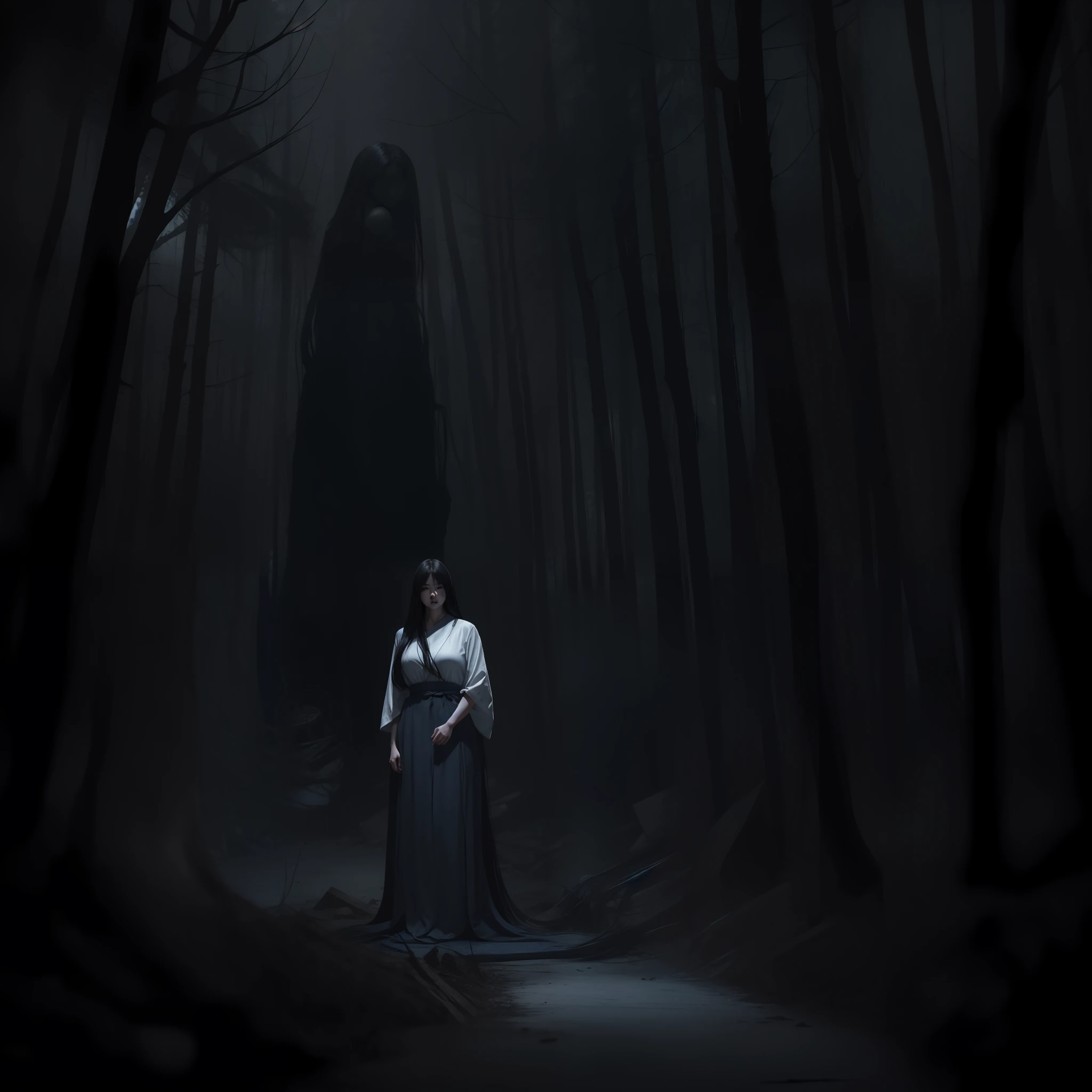 masterpiece, best-quality, realistic, detailed, dramatic light, horror art, gore, 1girl, Sadako, very long black hair, chubby body, huge big breasts, rotten gray-blue skin, wearing an white dress, getting out from a pit, a haunted forest as background,