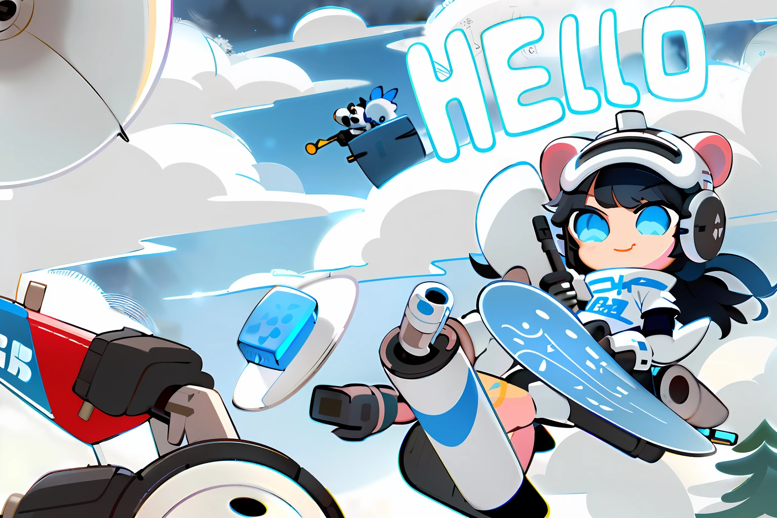Happy little white bear stepping on aerodynamic flying skateboard, skateboard with rocket engines on both sides, sense of technology, windproof goggles above the eyes, dull hair on the top of the head, products, gifts, hats gloves, thermos cup, planet in the upper left corner, background design texture, clouds below, HD stickers are meticulous, illustrations