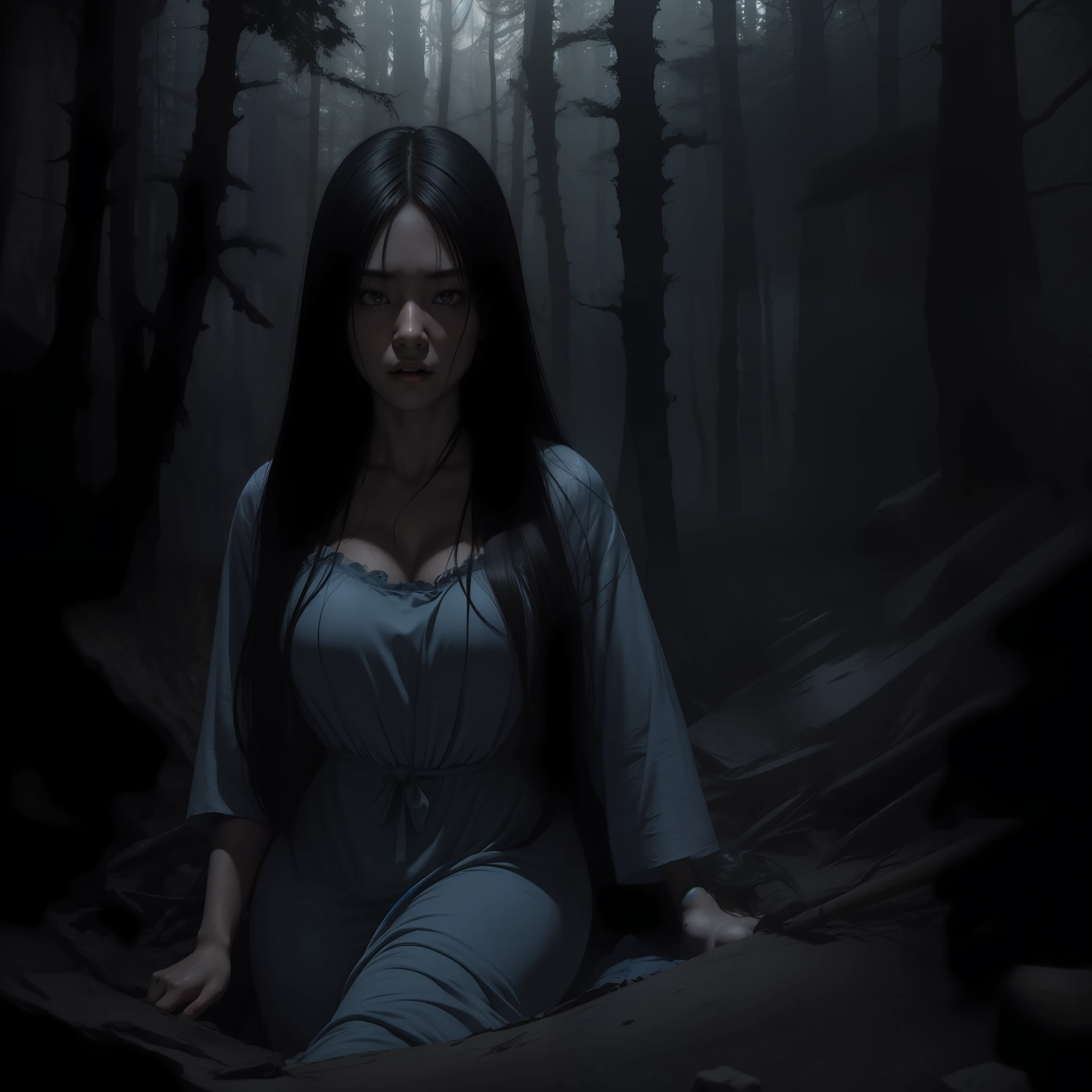 masterpiece, best-quality, realistic, detailed, dramatic light, horror art, ????, 1girl, Sadako, very long black hair, chubby body, huge big breasts, rotten gray-blue skin, wearing an white dress, getting out from a pit, a haunted forest as background,