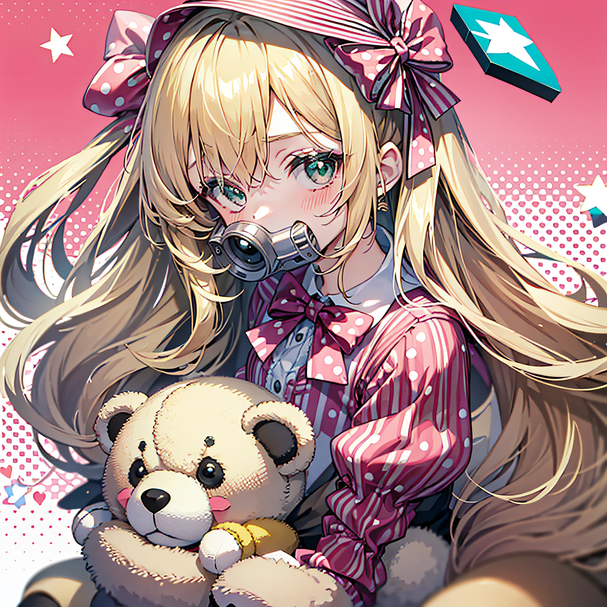 1girl, blush, bow, blonde_hair, covered_mouth, green_eyes, halftone, halftone_background, holding, long_hair, looking_at_viewer, male_focus, otoko_no_ko, pink_background, polka_dot, polka_dot_background, sleeves_past_wrists, solo, stuffed_animal, stuffed_toy, teddy_bear ((best quality)), ((masterpiece)), (detailed), ultra detailed