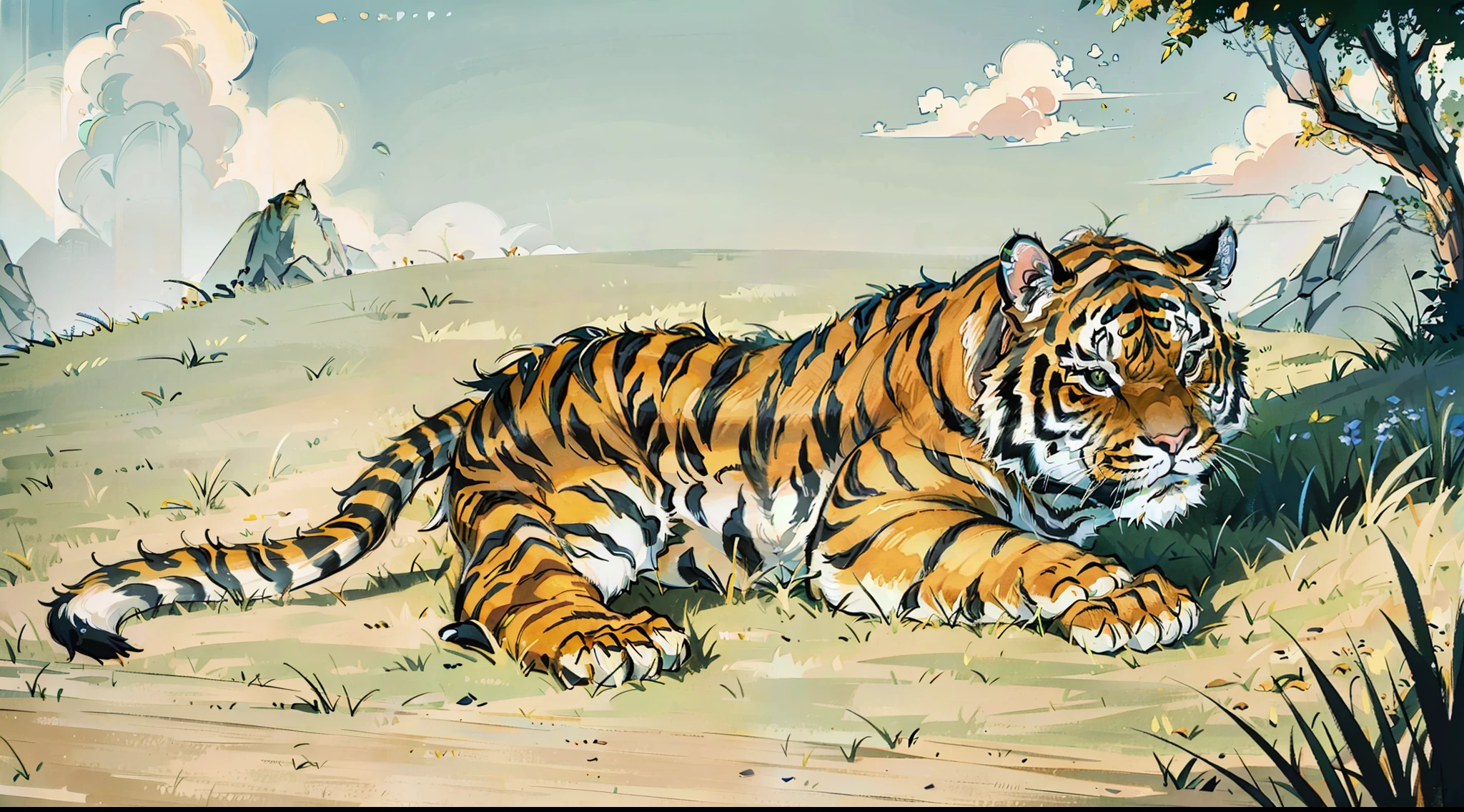 Cute little tiger, sleeping on his stomach in the grass, tiger close-up, detailed tiger,