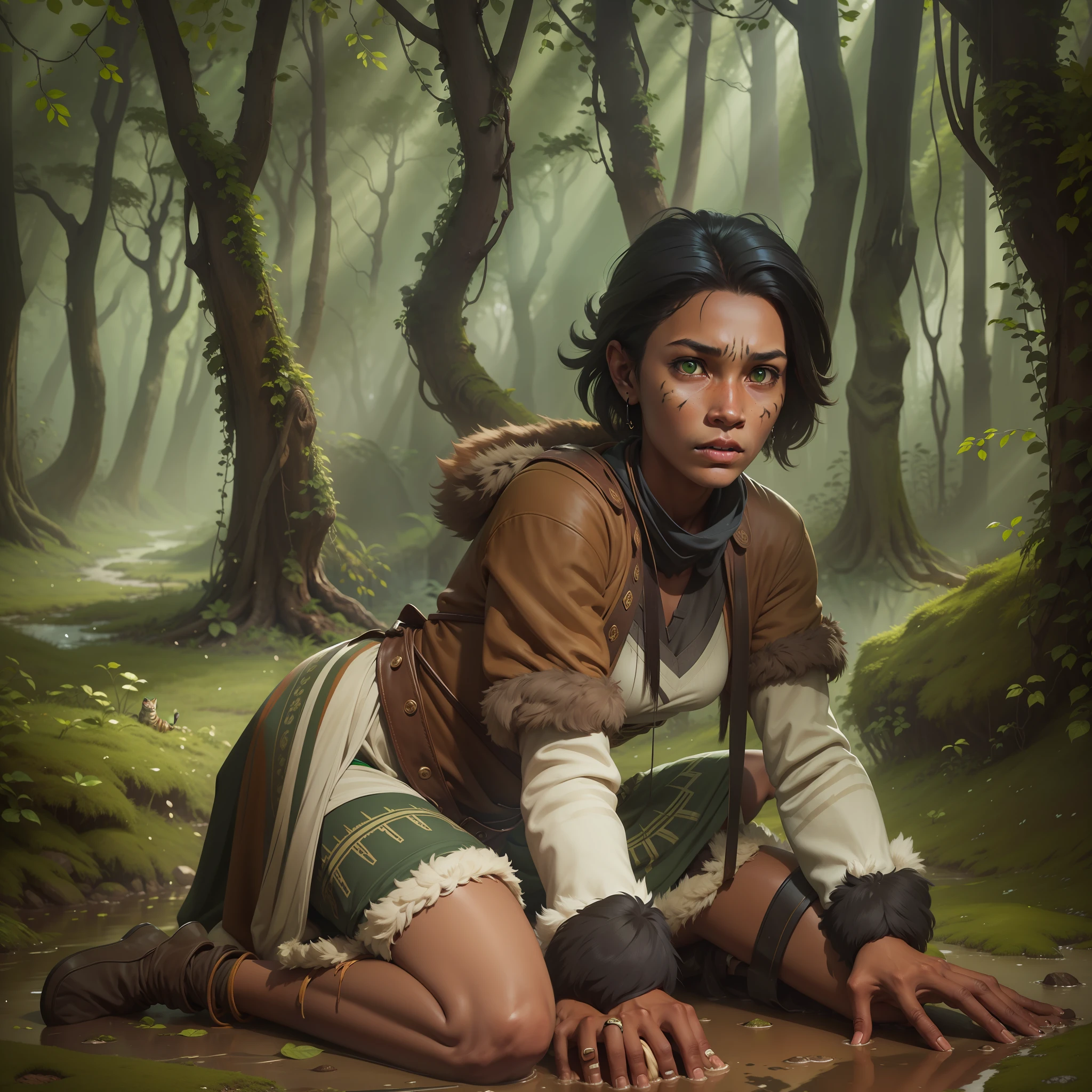 Scared indigenous girl next to a tiger in forest,night,cold,trees,leaves,mud on the ground,spear,brown skin,straight and short hair,green eyes,fur clothing,artwork,3D,4K,Detailed,Realistic