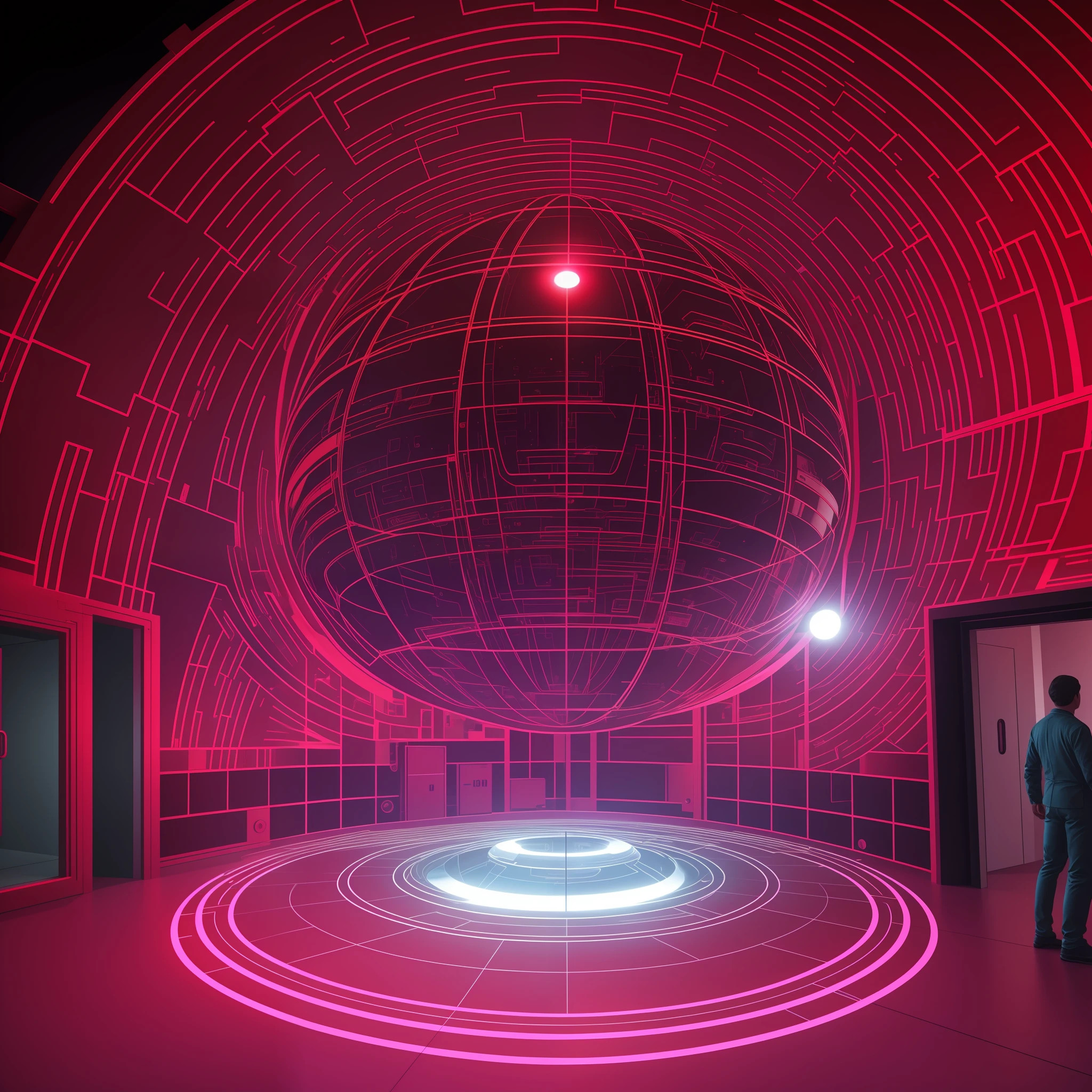 Interdimensional portal, sphere-shaped structure, laboratory, seen from the control room, scientists, red emergency lights, ultra realistic, ultra resolution, cinematic lighting.