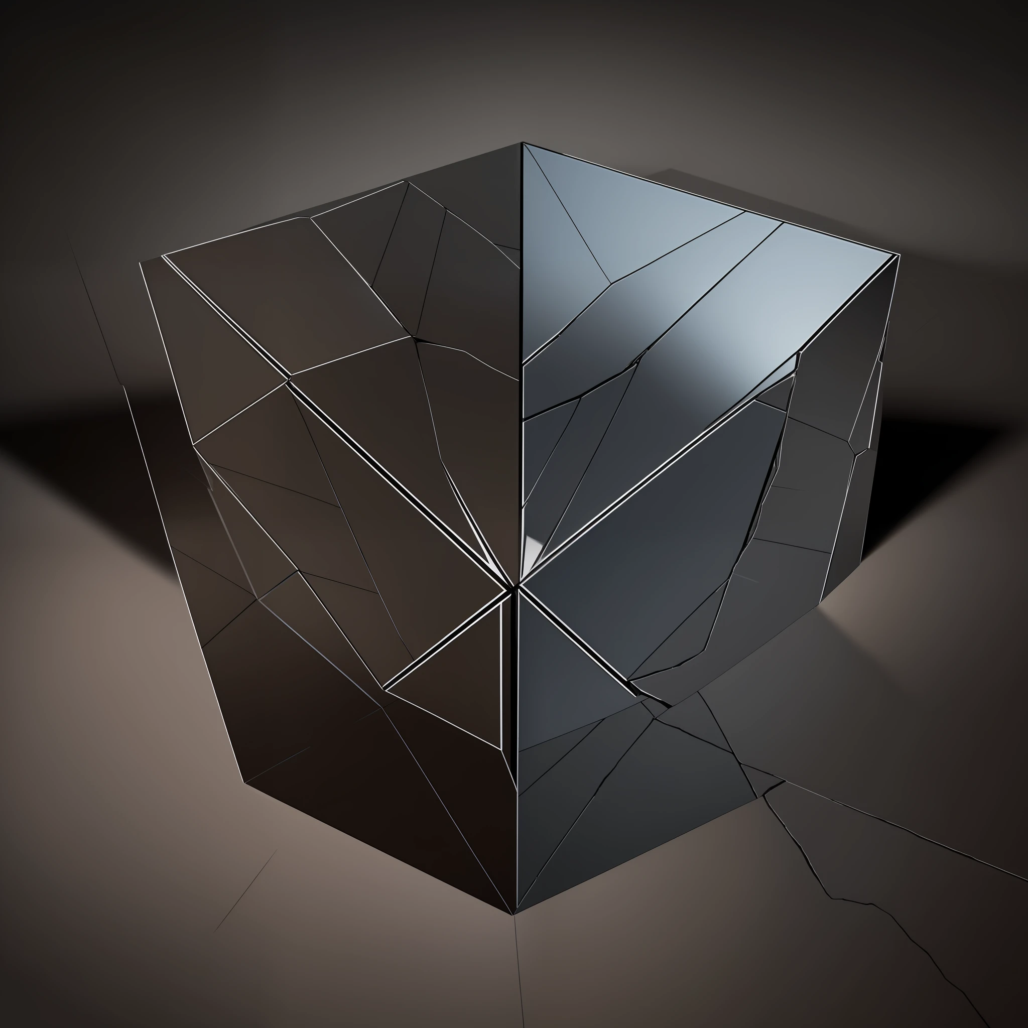 mirror image, cracked black cube, light closures coming out of the cracks, ultra resolution, ultra realistic, cinematic lighting.