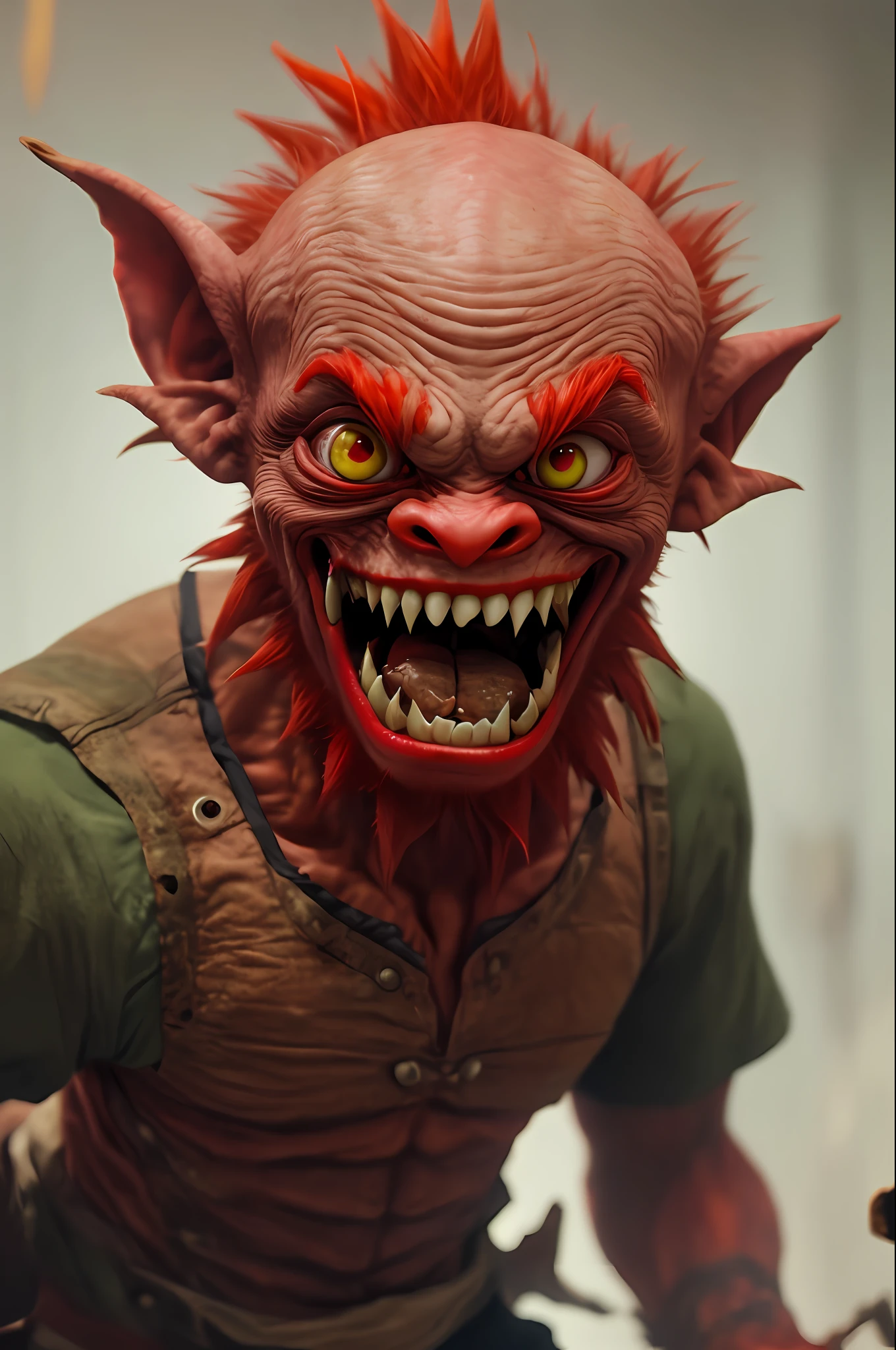 ugly goblin scary red bald with sharp teeth and white eyes