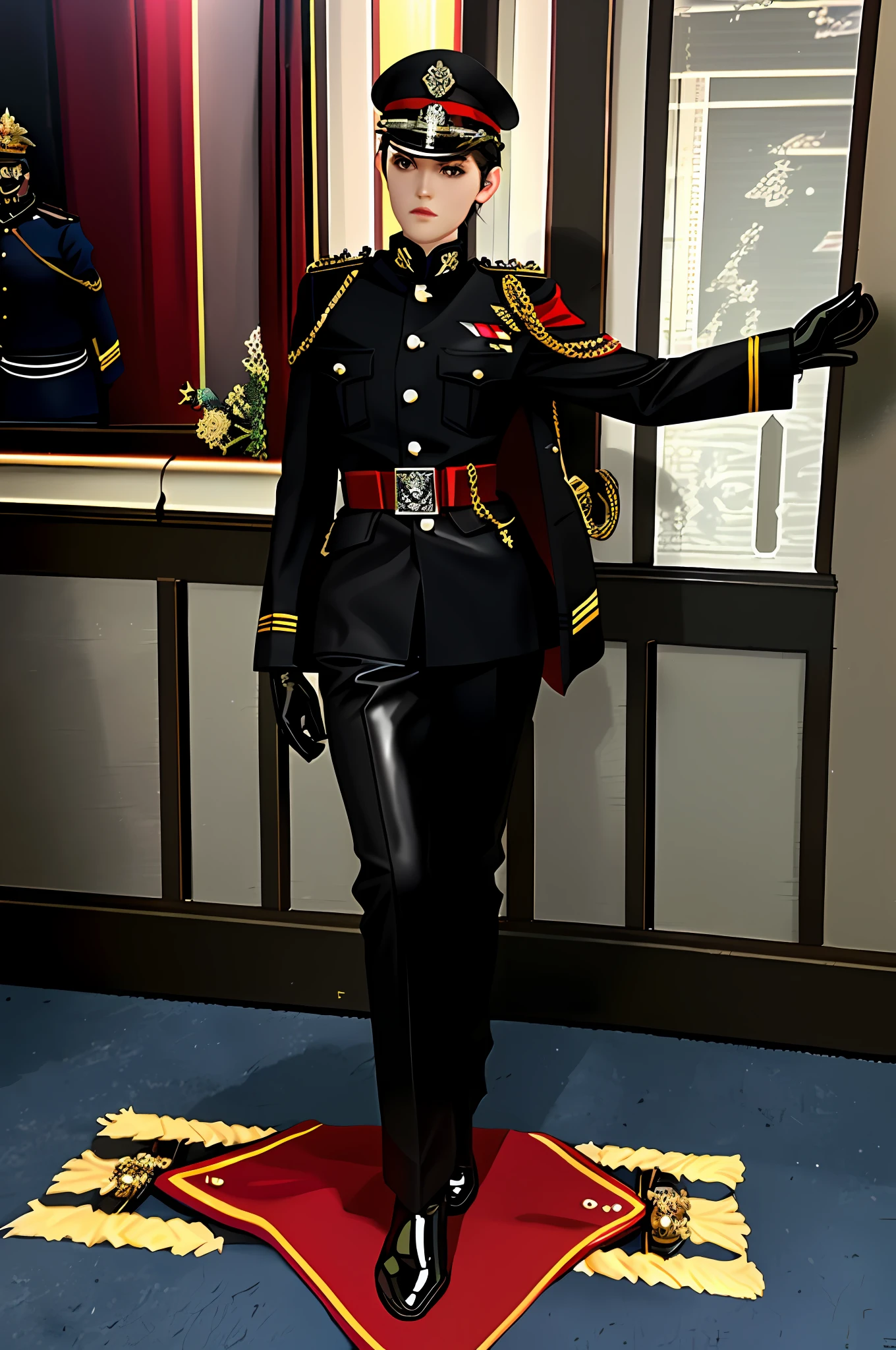 Very detailed, very realistic, very sharp, full length, full body, full body length, officer, bauhinia harness, black, latex, latex jacket, zipper, trousers, red belt, military cap, no buttons, uniform, gloves, senior, granted, admiral, fleet admiral, latex, leather, red belt, in attention, marching, parade, upright