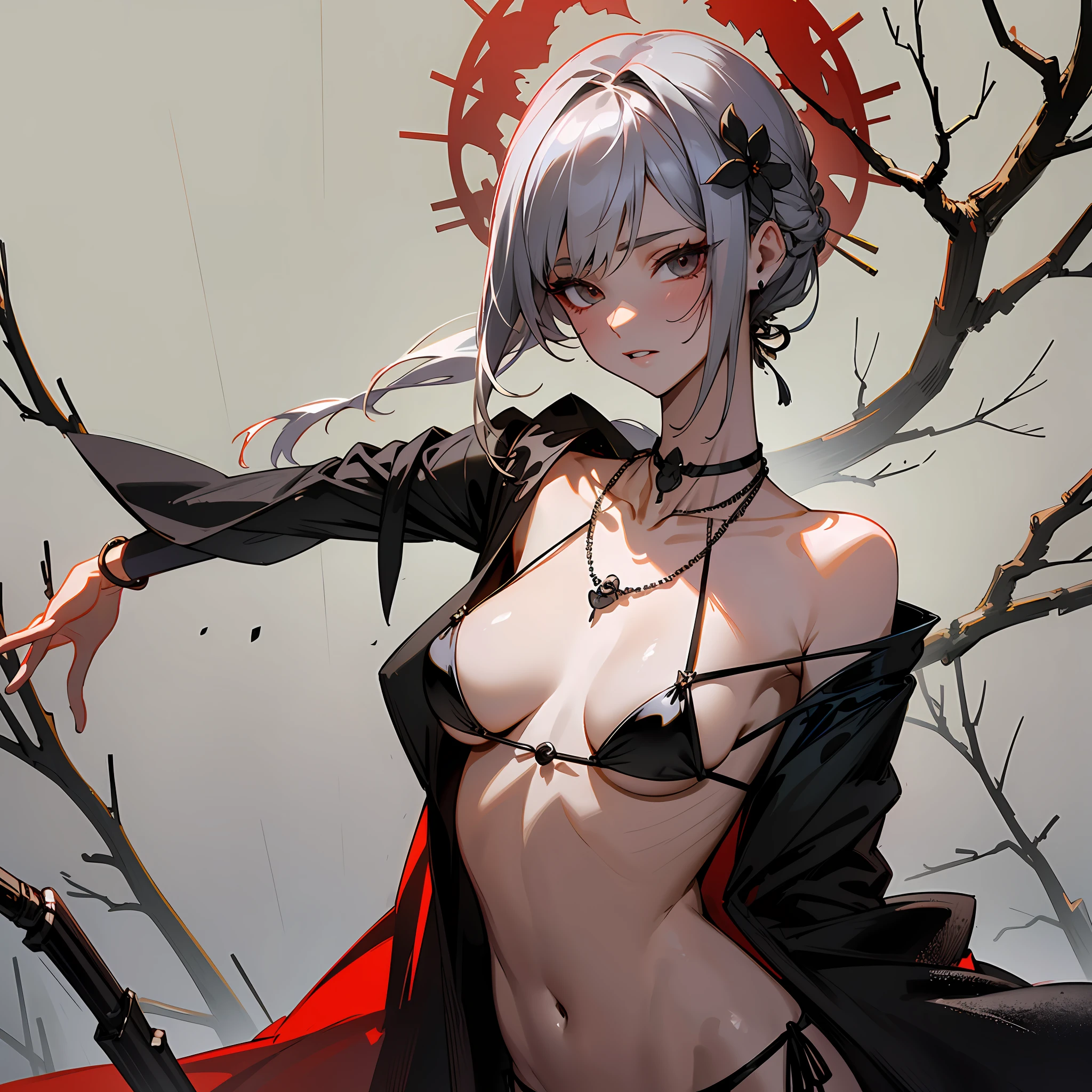 (Masterpiece), (High Definition), Solo, 8K, Brutal Witch Sabato Dance, Upper Body, Brutal Witch Beauty, Bewitching, Well-groomed Beautiful Face, Free Pose, Sexual Appeal, Medieval, Black Satin Sheer Kimono, Flowing Tulle, Fluttering Veil, Bone Hair Ornament, Crimson Bracelet, Bone Necklace, Tattoo, Shiny Skin, Loincloth Shorts, (No Bra), Exposure, Jewelry Ornament on Arms , medium chest, sheer, navel, shoulder, neck, collarbone line, arm ring ribbon, wreath, bracelet, anklet, various weapons, cutlery, pyroxene chain tassel around the belly, dedicated to the devil, ((strip dance)), (dark forest closed by darkness, silhouette of branches and branches, black mass), ink wash, popular CGSTATION, masterpiece, recent quality, high resolution details, 32K