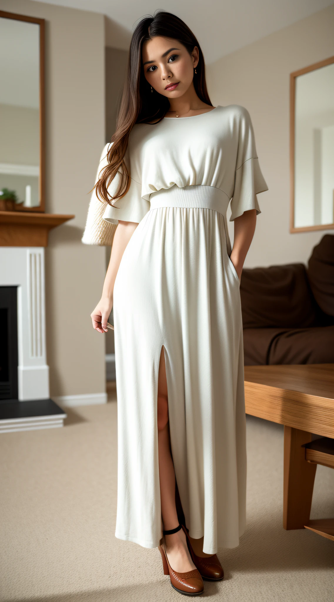 /imagine prompt: Picture Tip: a lady, full body, full face, slim figure, medium bust, natural light, film quality, 16K,, scandinavian outfit, living room