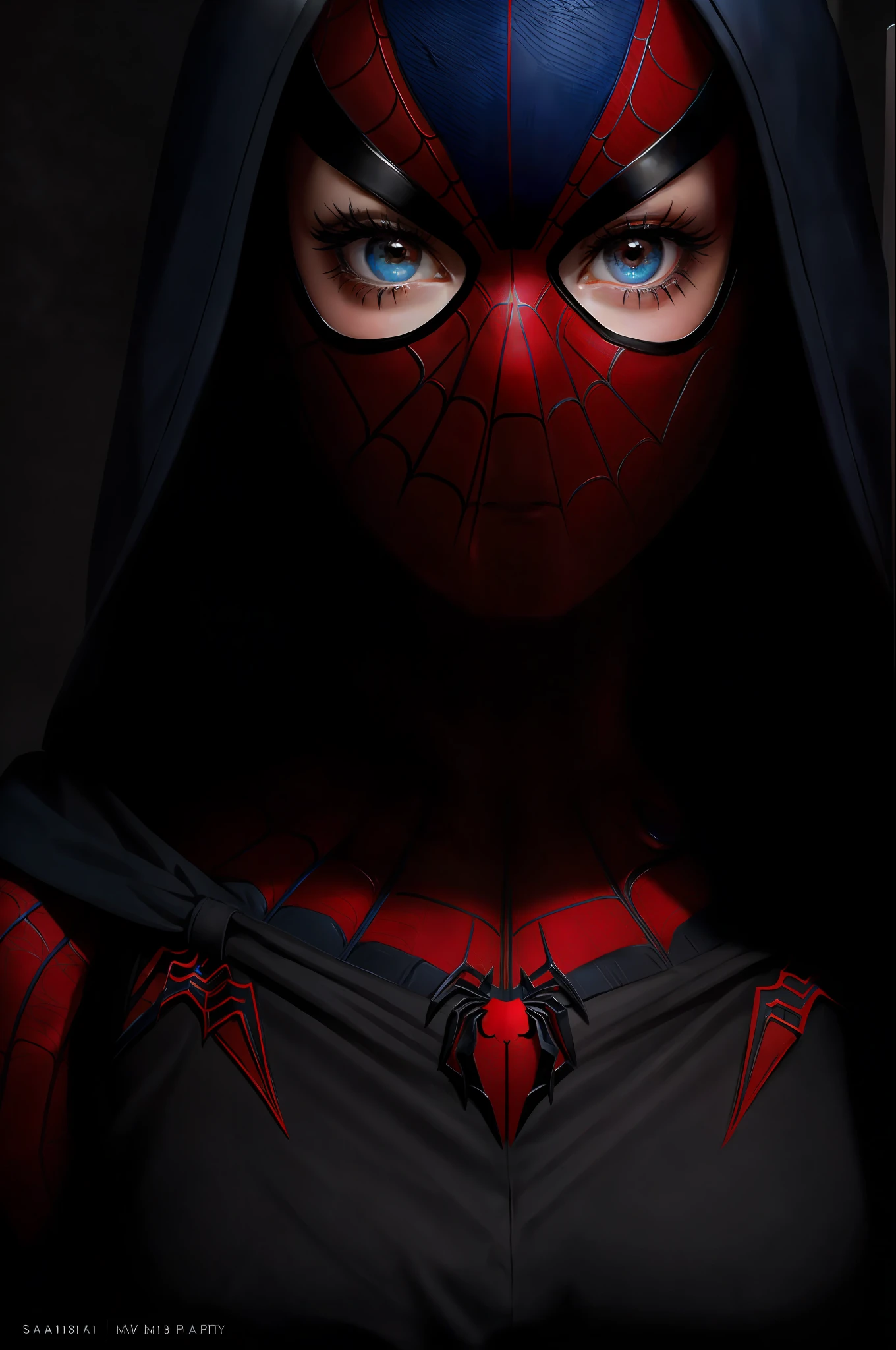 (Winning digital work: 1.3) of (Sketch: 1.3), (Half of the face with Spider-Man mask) (Energetic: 1.3) Spider-Man, Emma Rob, CGSociety, Art Station, (Saturation: 1.3), (Close Up Portrait: 1.3), (Women: 1.4), (Beauty: 1.4), (Glamorous: 1.3), Beautiful, Calendar Pose, Perfect Detailed Eyes, Studio Lighting, Theme Background