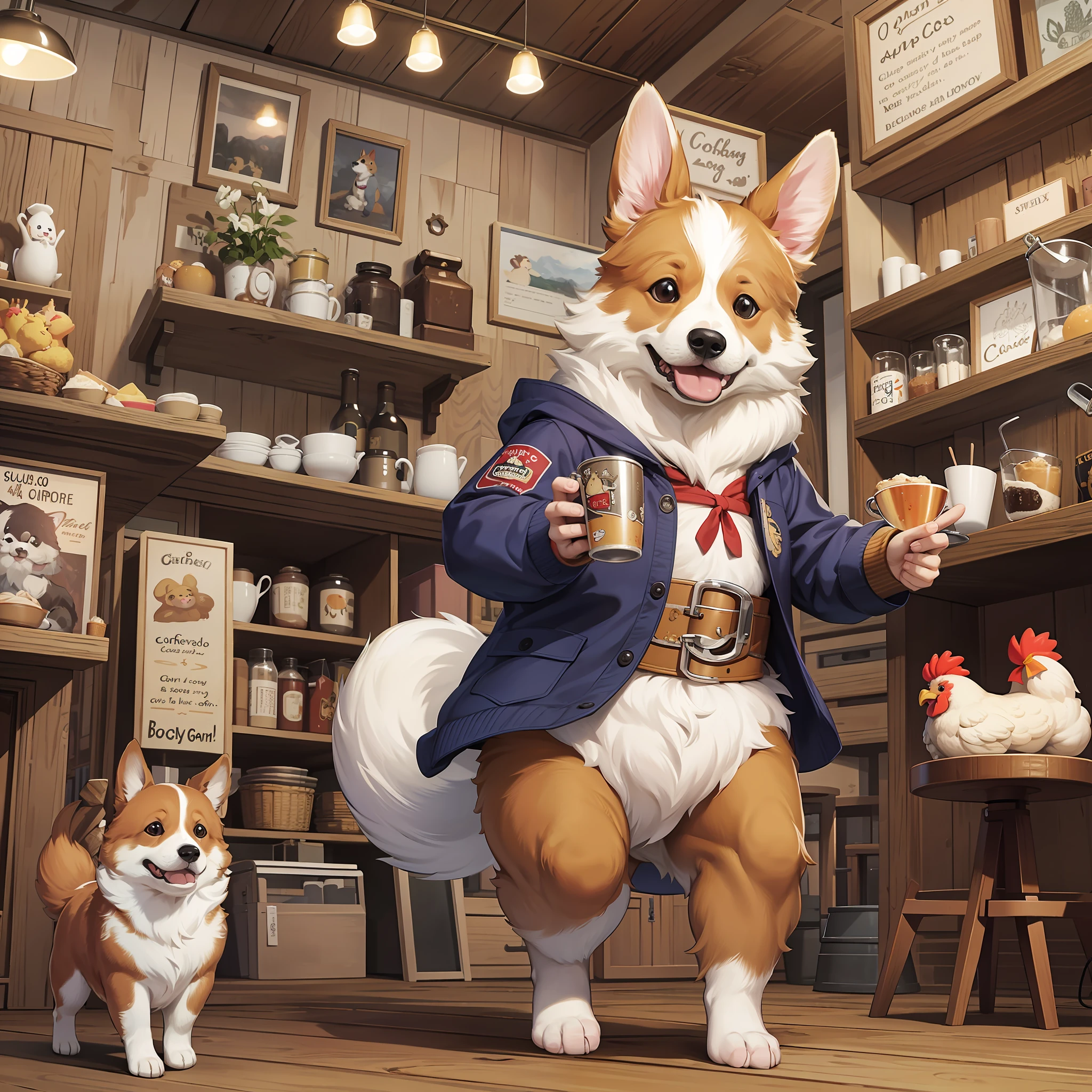 corgi, dog, (Best Quality: 1.3), 8K, masterpiece, wearing pajamas, swinging a large chicken drumstick as a weapon, inside a cozy cafe, epic battle.