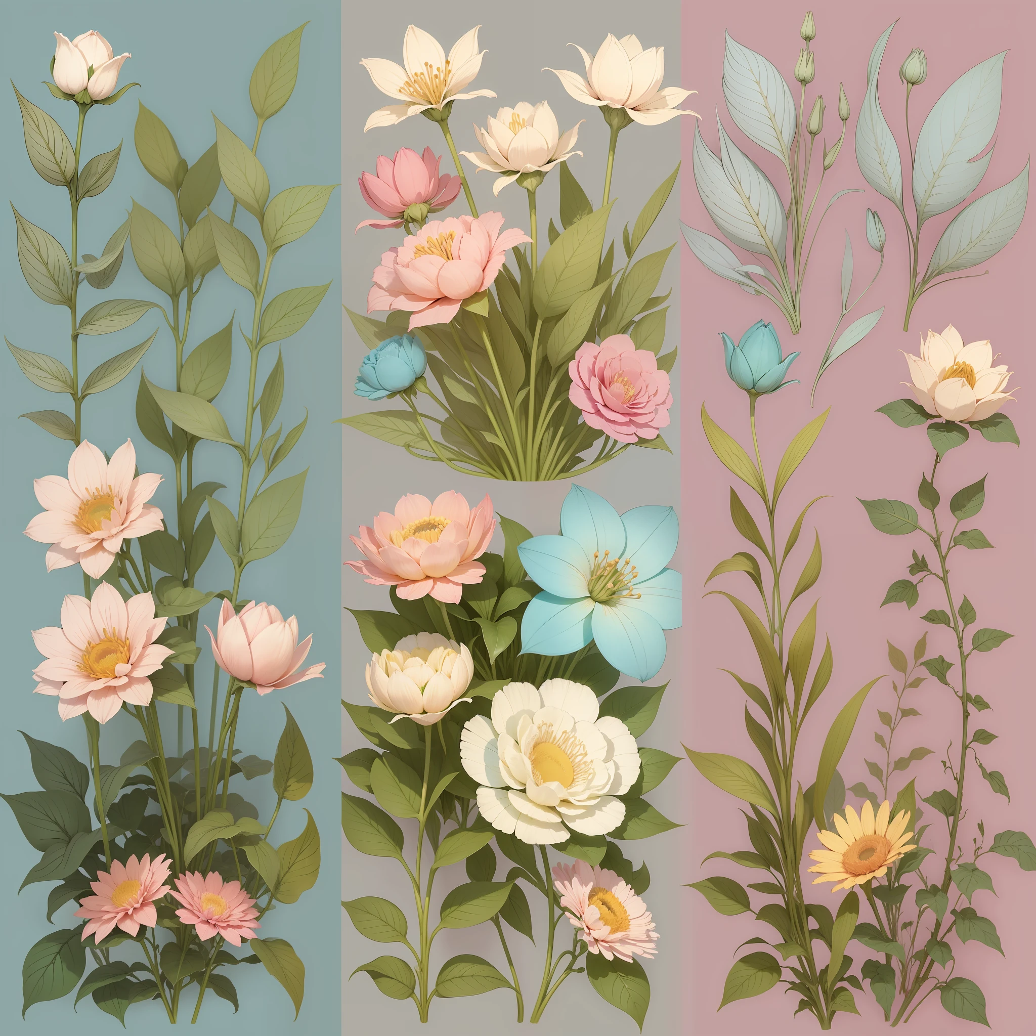 Set pattern of large flowers with plants and vines, defined shape, flat style, vector style, drawing style, naïve style, wallpaper style, in soft pastel colors such as old pink, pastel blue, light blue, beige, pastel violet, pastel yellow and white. No shadows in the images.