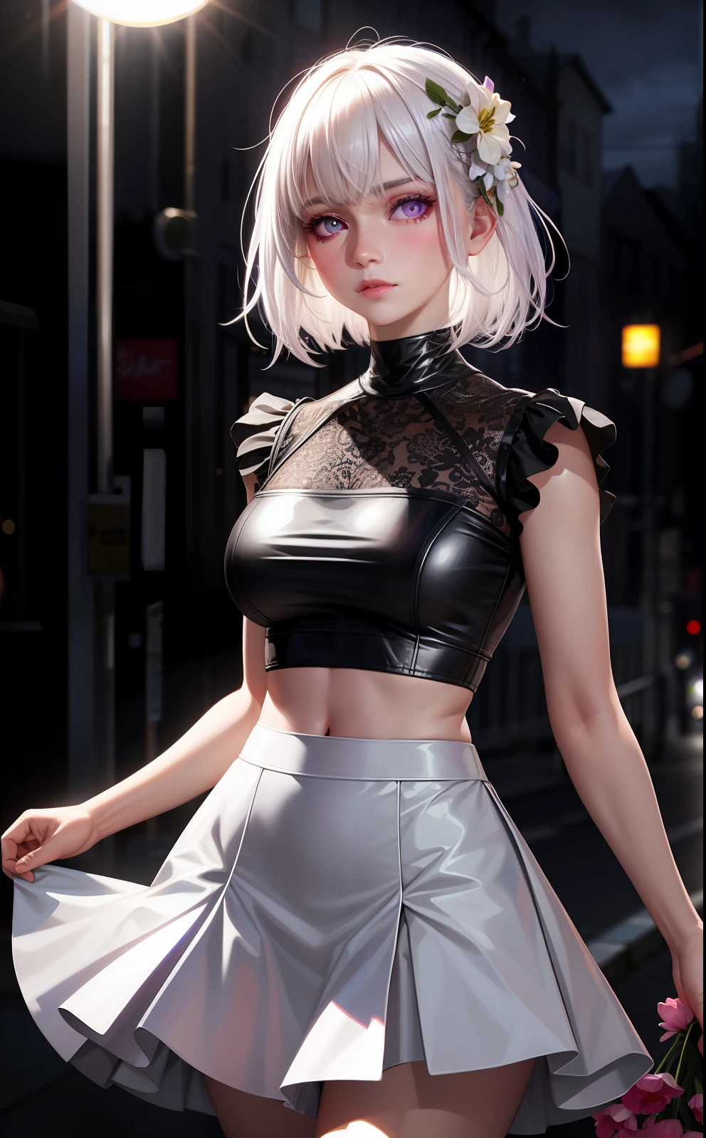 realistic, 1girl, white hair, purple eyes, glowing eyes, crop top, skirt, parted lips, blush, night, flowers, sun, sunlight,