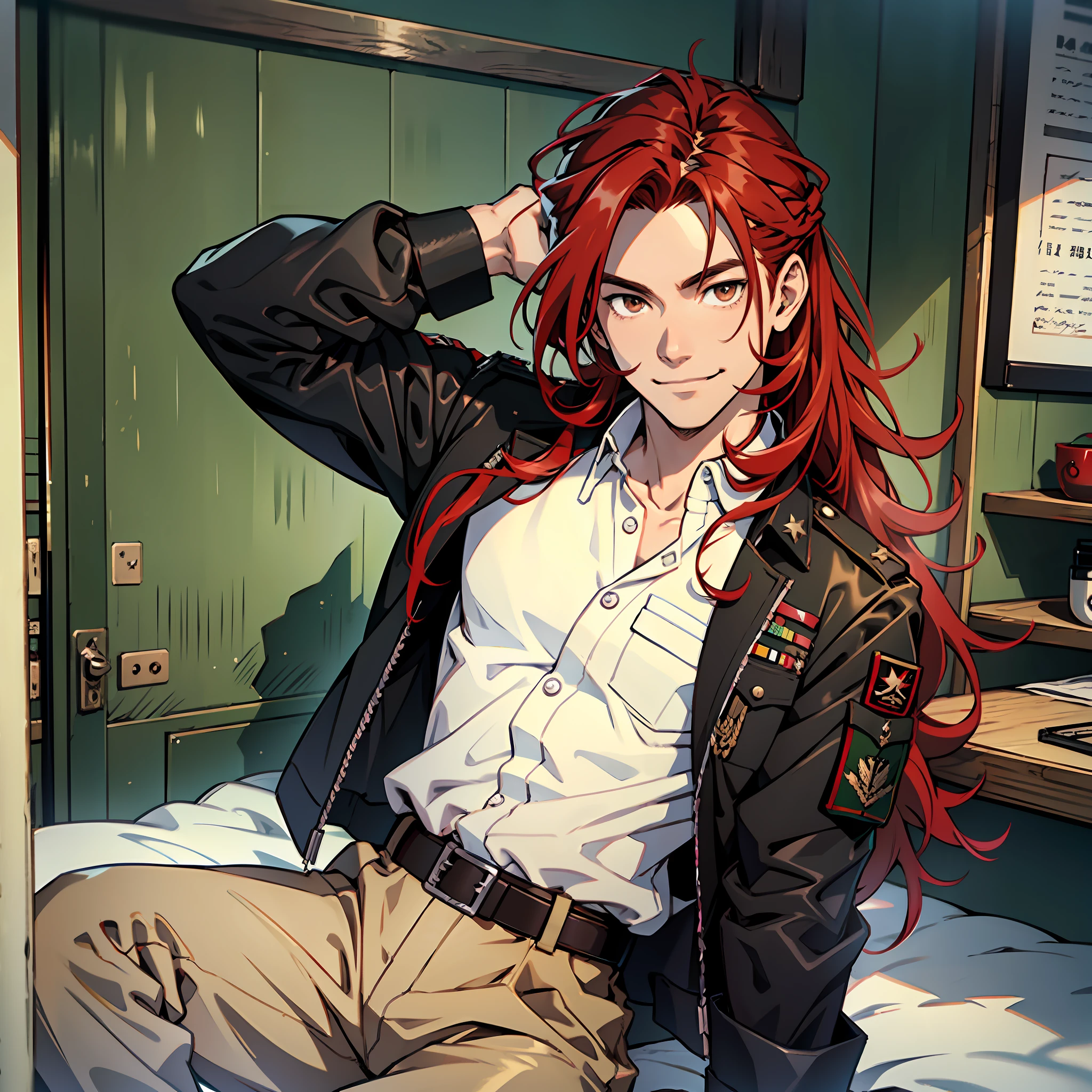 Red hair, hair with locks at the tips of black color, brown eyes, defined body, red jacket, white shirt, long military pants of green color, military boots of black color, silver belt, anime, bedroom, smile.