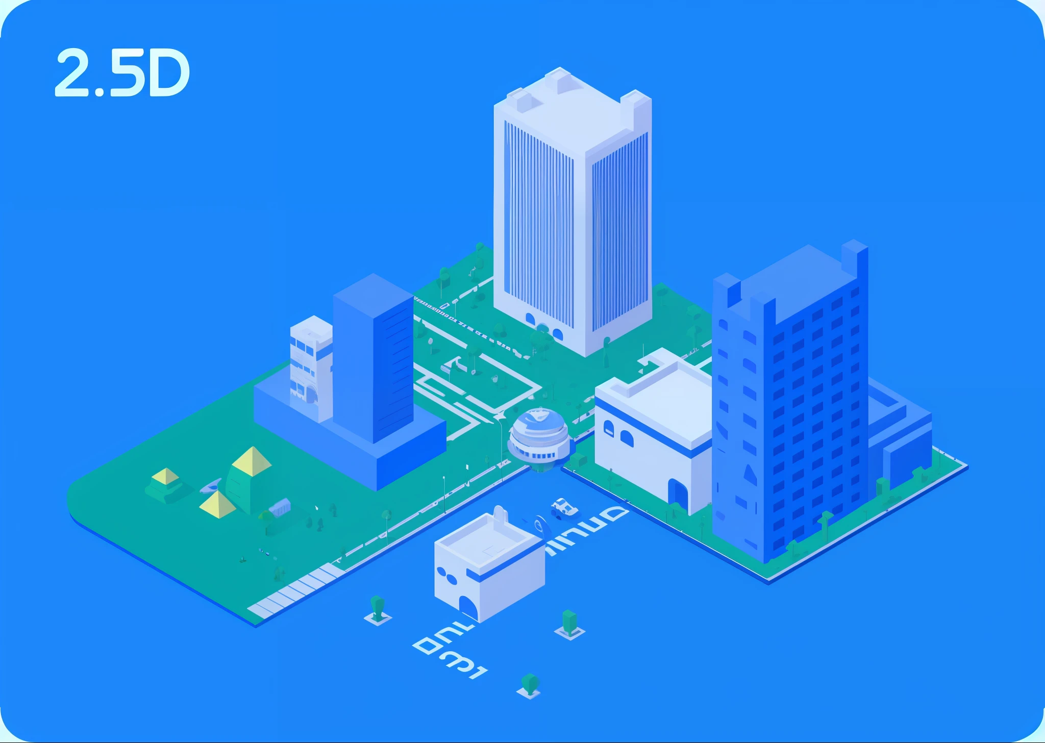 Blue and white illustration of city with buildings, 3 D isometric, 3D isometric, isometric 3 D, isometric 3D, isometric illustration, pre-rendered isometric graphics, isometric design, isometric 8k, isometric 3d rendering, isometric illustration fun, isometric illustration, detailed 2d illustration, futuristic technology, robot elements