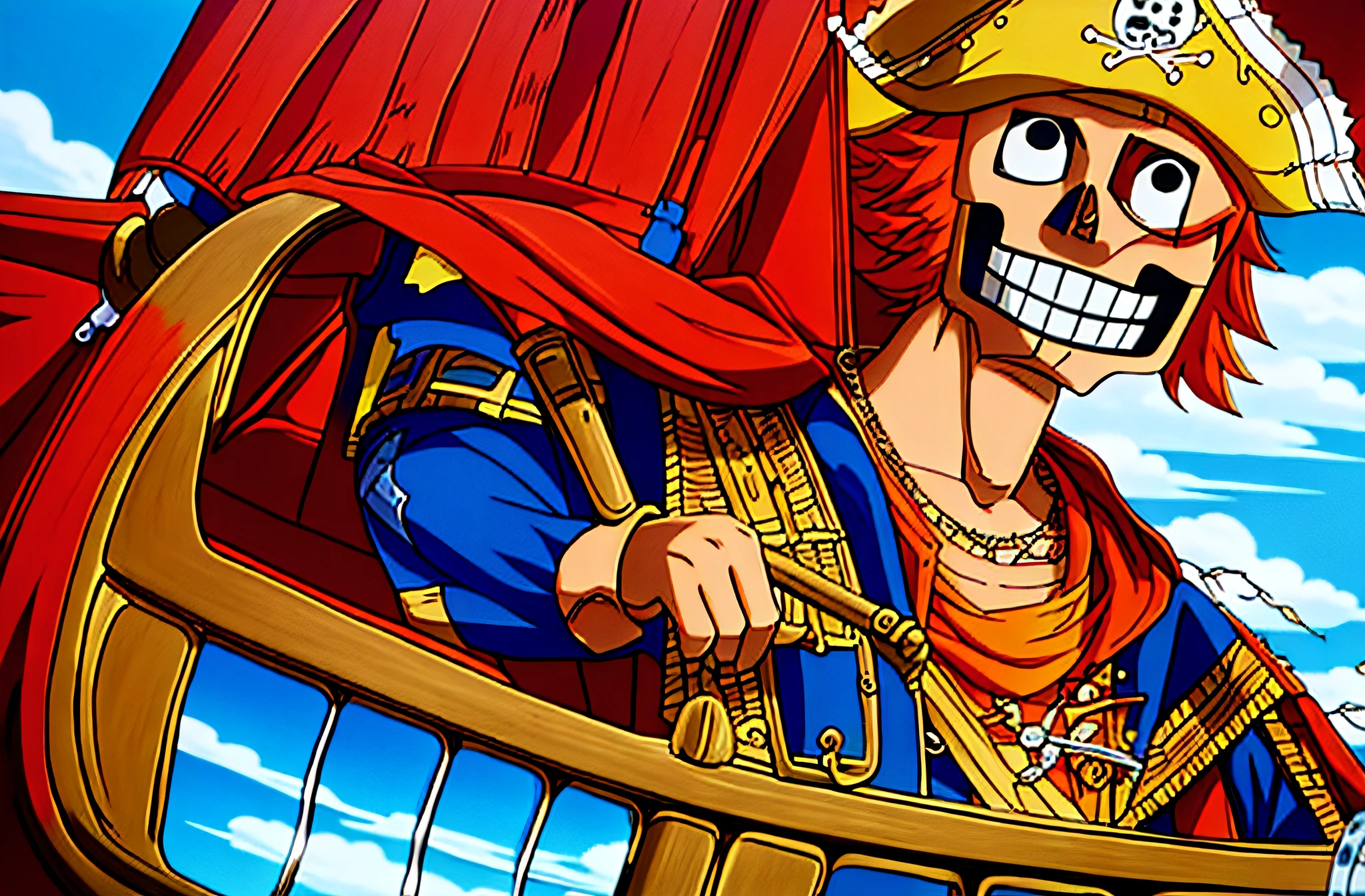 a close up of a cartoon character in a pirate costume, one piece ship sailing, from one piece, king of pirates, detailed key anime art, one piece artstyle, portrait de shanks le roux, high detailed official artwork, detailed anime artwork, pirate, by Eiichiro Oda, one piece style, pirates, gyro zeppeli, sanji, official anime artwork