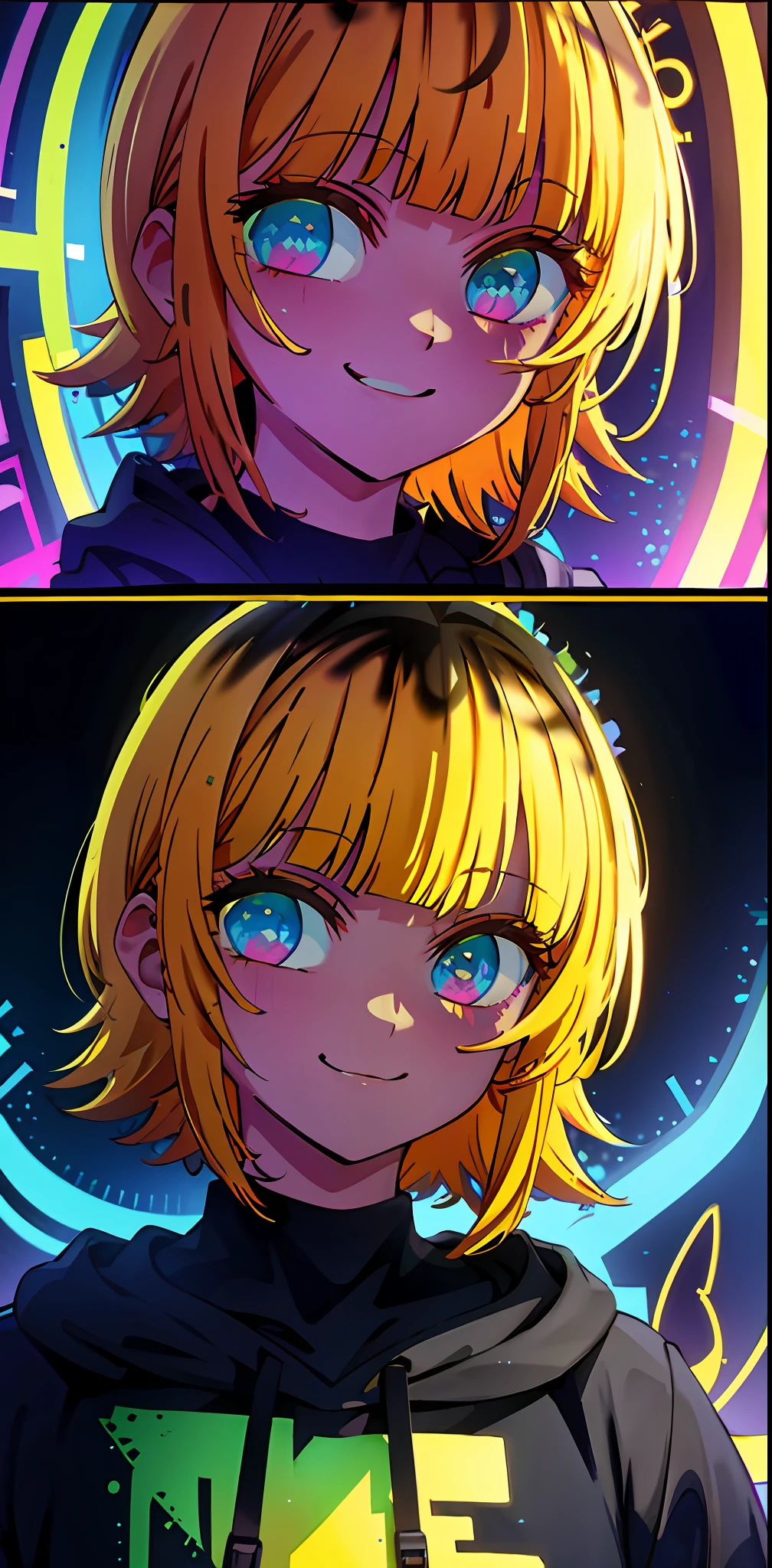 detailed background, masterpiece, best quality, smile, ornament, hoodie, portrait, yellow neon, graffiti, dark, night, glowing eyes, blacklight