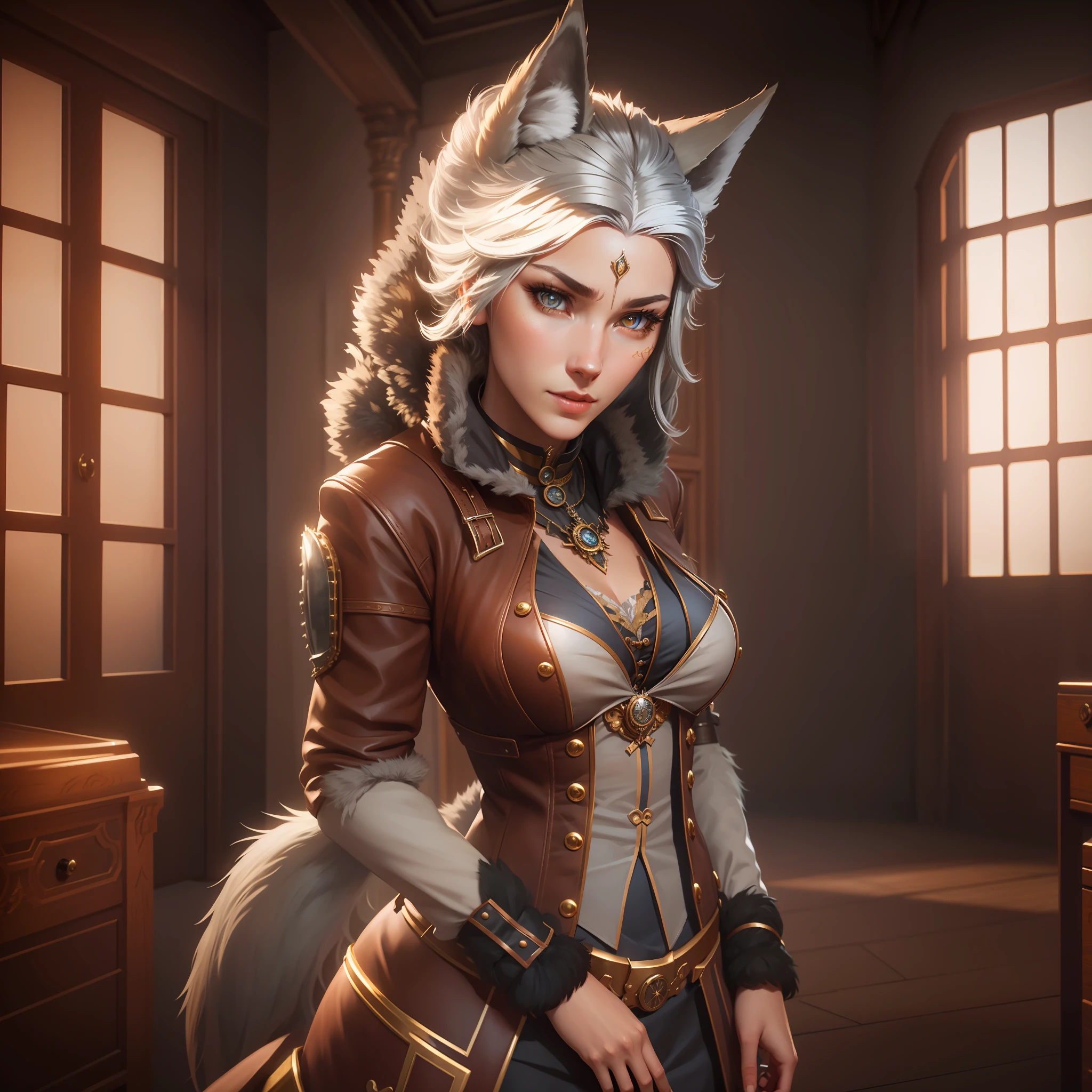 Silver Metal Half Wolf Girl,Nine Tails,Bright Eyes,In Room,Steampunk,4K,Detailed,Realistic,Hyper Realistic