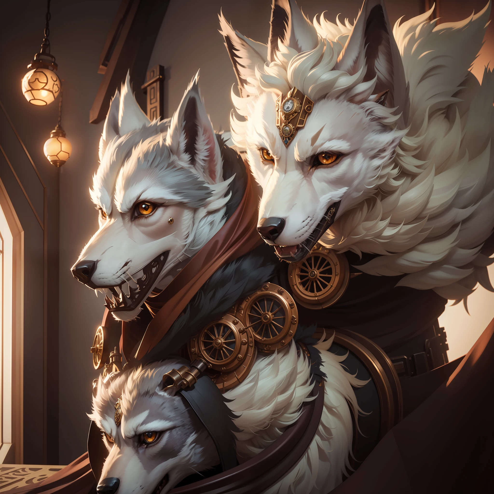 Silver Metal Half Wolf Girl,Nine Tails,Bright Eyes,In Room,Steampunk,4K,Detailed,Realistic,Hyper Realistic