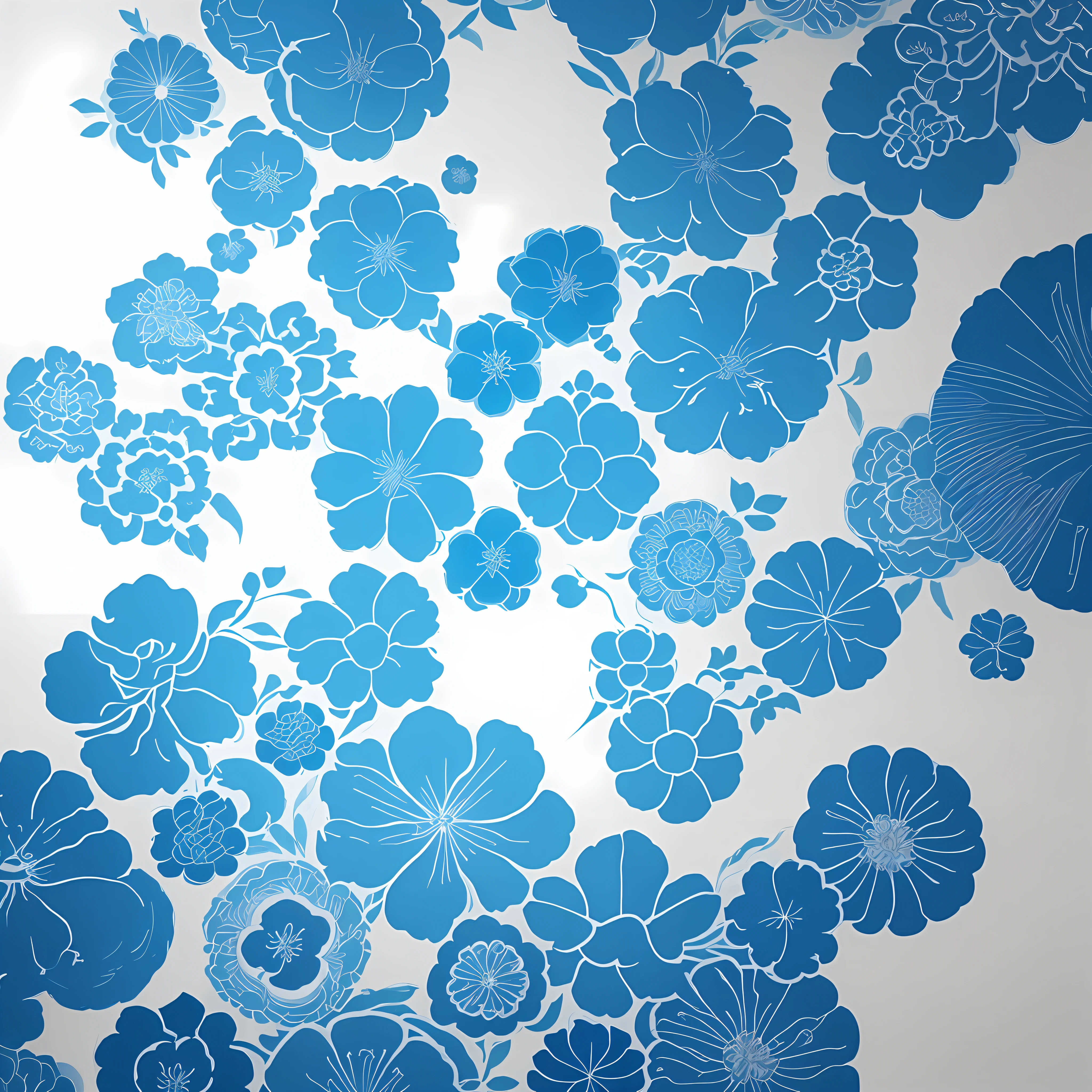 Flat floral and plant illustrations, Jiangnan Republic of China style, clear and clear, based on blue, artistic sense strong, fashionable style, abstraction, repeated arrangement of elements, splashed ink patterns.