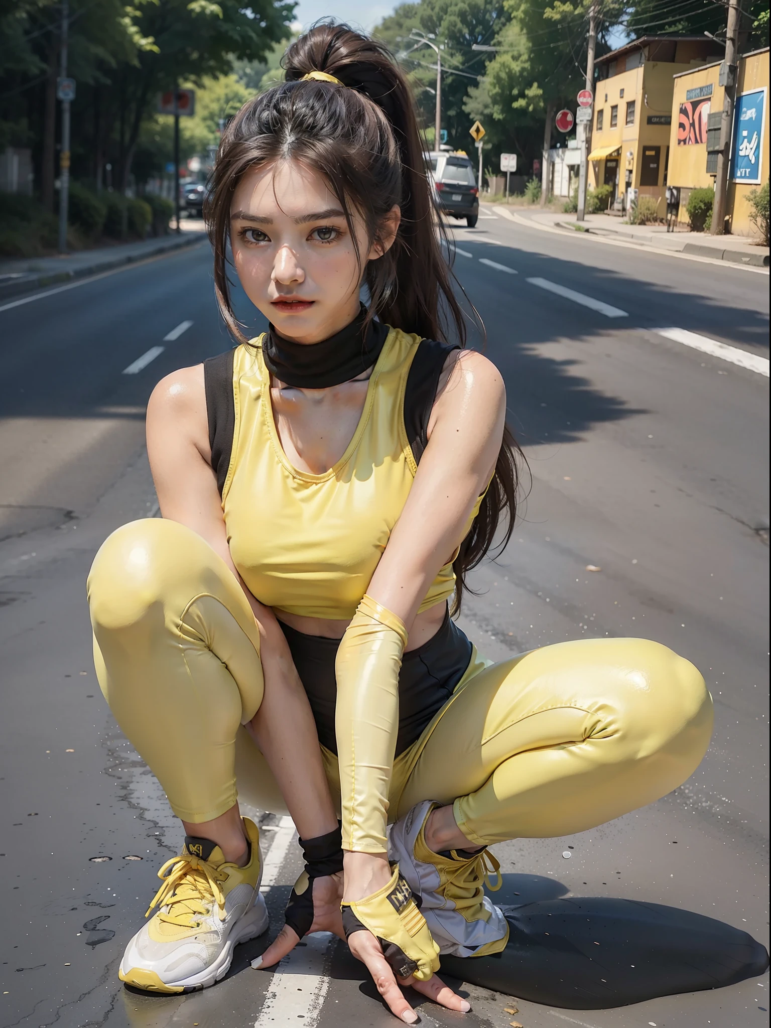 (Female: 1.2), (Large breasts: 1.2), (5 thumbs), (Ring finger diamond ring), (dark brown mullet head), (ponytail), (brown eyes), (tight yellow low-cut vest), (bare breast), (translucent black leggings), (yellow sneakers), (on the road), early in the morning, sweaty, full body, masterpiece, realistic