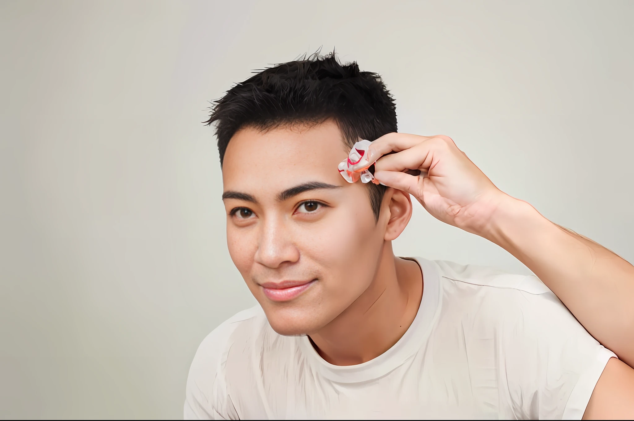 There is a man smiling, holding hair, young man, beautiful face, short hair on the top of the head, neat model, neat eyebrows, thin man with light tan skin, smiling man with exposed forehead, textured hair and skin, wavy curls combed to the side, tapered hairline, handsome young man face, shot with Canon EOA 6 D Mark II, Ultra HD photo portrait