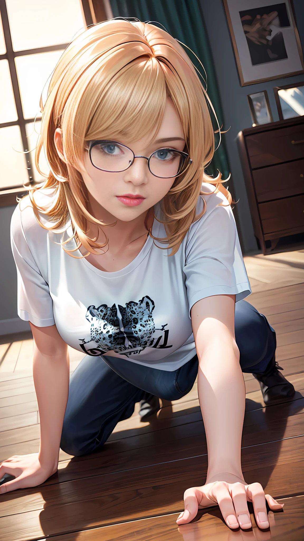 Highly detailed CG 8K wallpaper), (Very delicate and beautiful), (Best Quality: 1.0), (Ultra High Definition: 1.0), Beautiful lighting, Perfect lighting, Realistic shadows, [High Definition], Detailed skins, Realistic bedroom, (Large T-shirt), (Oversized Shirt), (Leoping), (Small breasts), (Beautiful girl), (15 years old), (Glasses), (Leoping)), ( Crawl on all fours) (angle from above)
