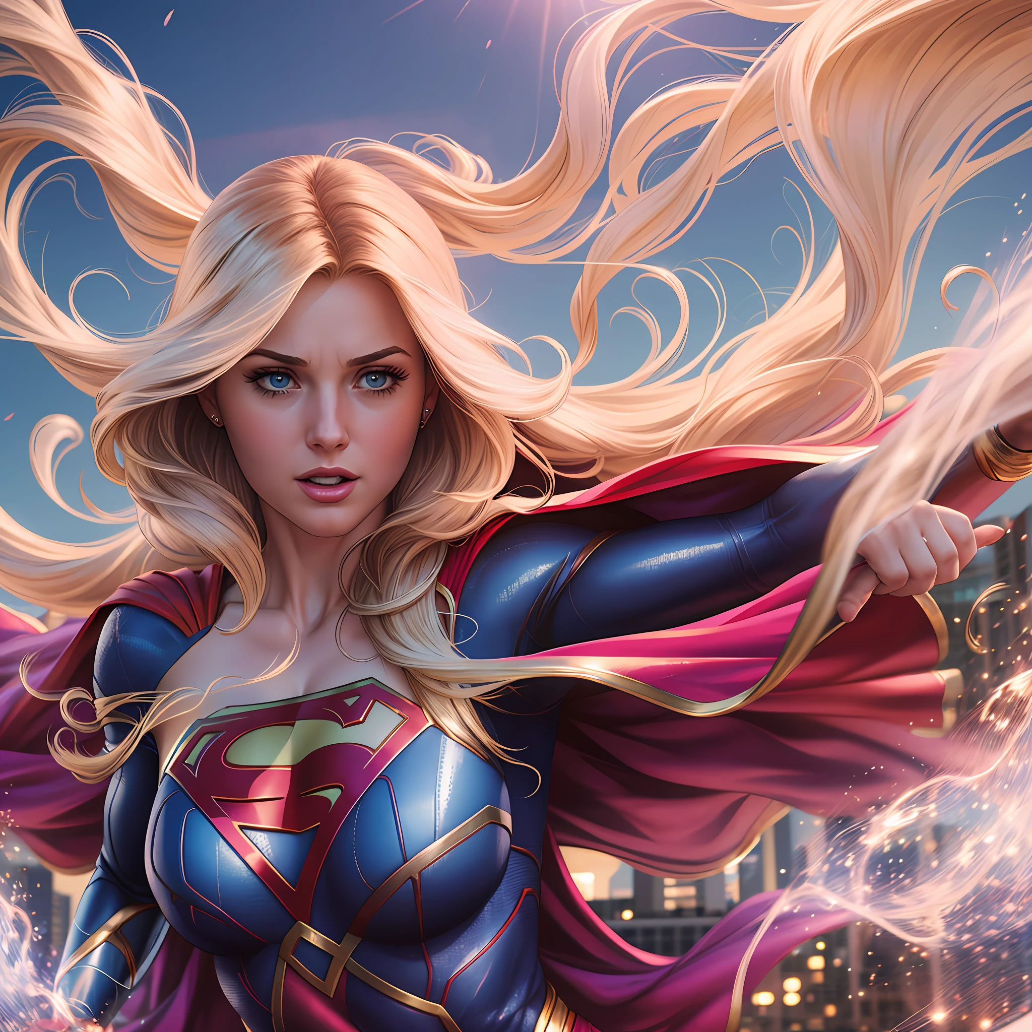 Supergirl, the epitome of strength and beauty, stands tall with her long, sleek, and flowing blonde hair cascading down her back. Her captivating blue eyes sparkle with determination and kindness. Her lips, sensually curved, exude an air of confidence. Clad in a futuristic uniform, its colors a modern twist on the original design, she radiates power and grace. Her cape billows in the wind, adding a dynamic element to her presence. The outfit fits her like a second skin, accentuating her athletic physique. Suspended in mid-air, her hair floats around her, catching the sunlight and adding a touch of ethereal beauty. The scene is rendered in an ultra-realistic style, capturing every intricate detail of Supergirl's appearance. Photography, utilizing high-resolution techniques and lighting to showcase the realism of the character and her surroundings, --ar 3:2 --v 5 --auto --s2