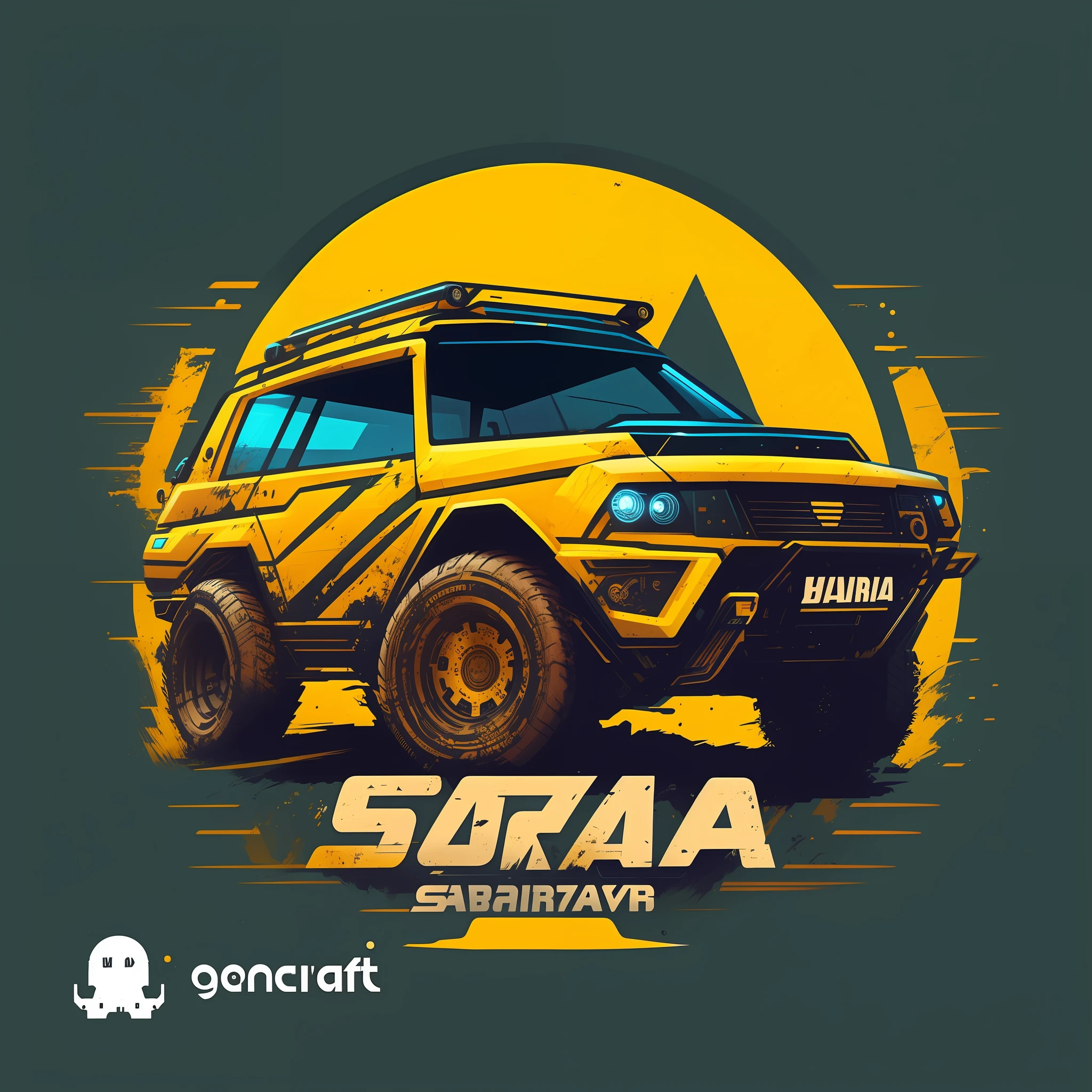 a close up of a yellow suv with a surfboard on top, ornat concept art illustration, dukhara scavenger, sahara, a retropunk naturewave defender, sumai-e artstyle, scarab, dj sura, sumatraism, sureal, seperated game asset, detailed game art illustration, sergeant, sahara comics logo, concept art design illustration, Vector Style, High Detailed Vector, 4K