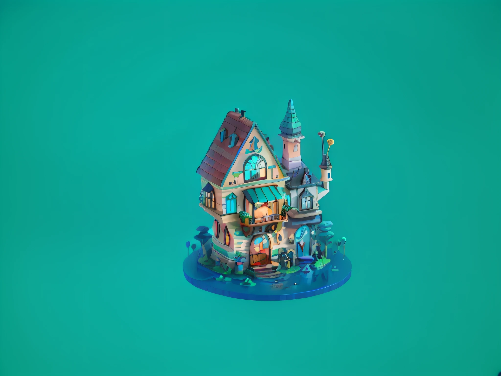 Closeup of tiny house, isometric 3d fantasy house, stylized 3d rendering, fantasy house, house in candy land style, round house with cute characters, 3d illustration, 3d illustration, 3d stylized scene, isometric house