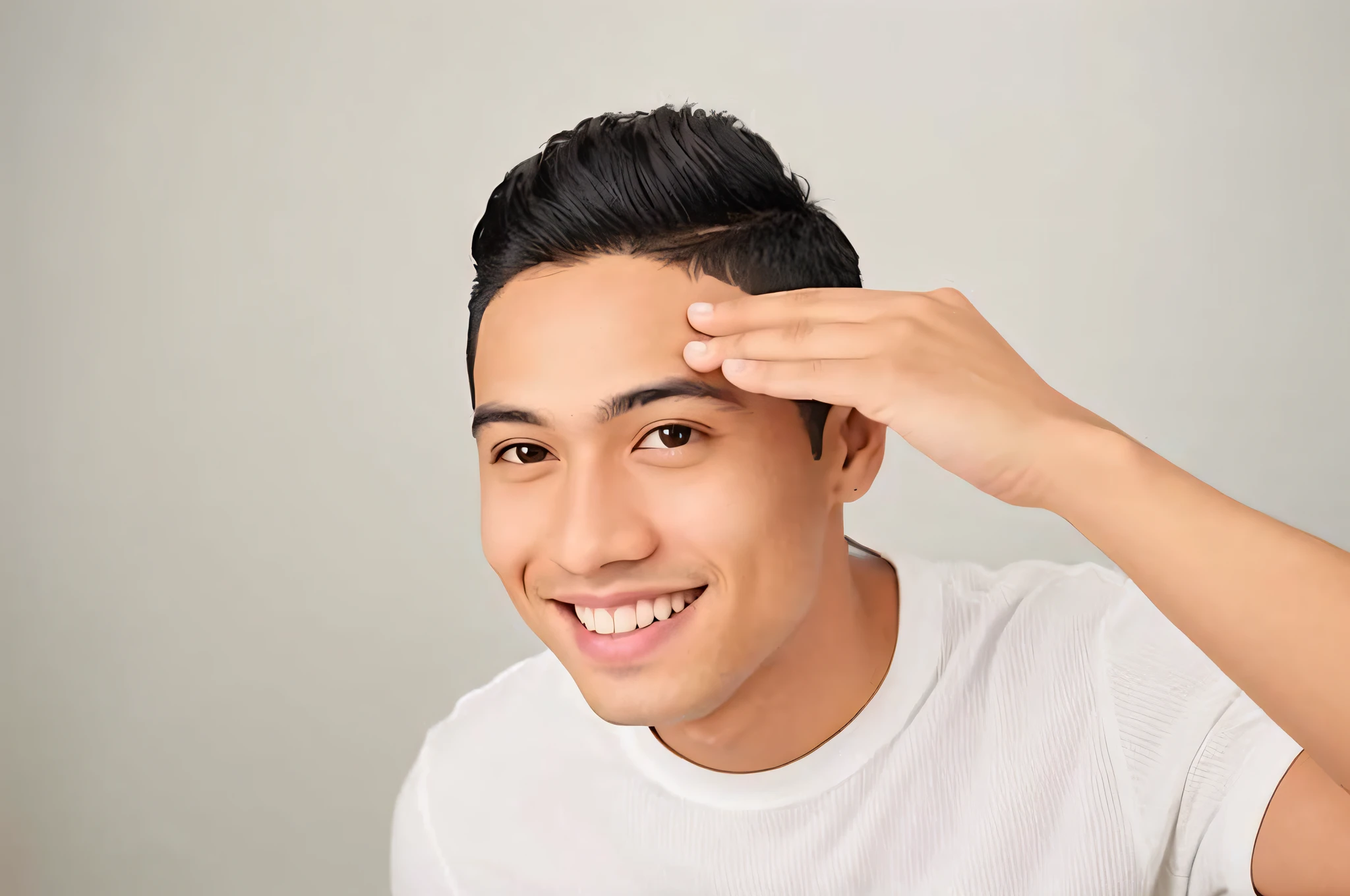 There is a man smiling, holding hair, young man, beautiful face, short hair on the top of the head, neat model, neat eyebrows, thin man with light tan skin, smiling man, exposed forehead, textured hair and skin, wavy curls combed to the side, tapered hairline, handsome young man face, shot with Canon EOA 6 D Mark II, HD photo portrait