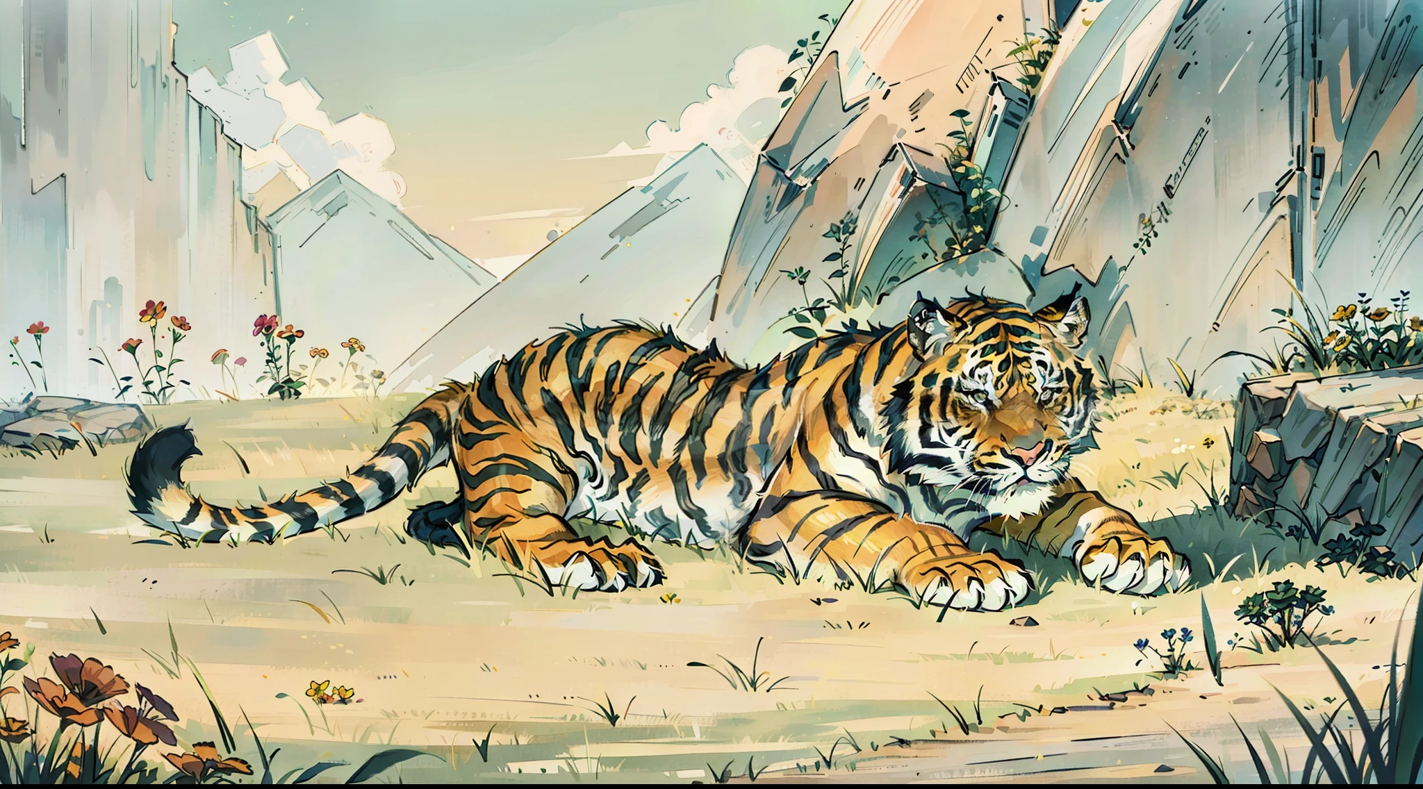 Cute little tiger, lying on his stomach sleeping in the grass, tiger close-up, detailed tiger, tiger surrounded by flowers and grass,