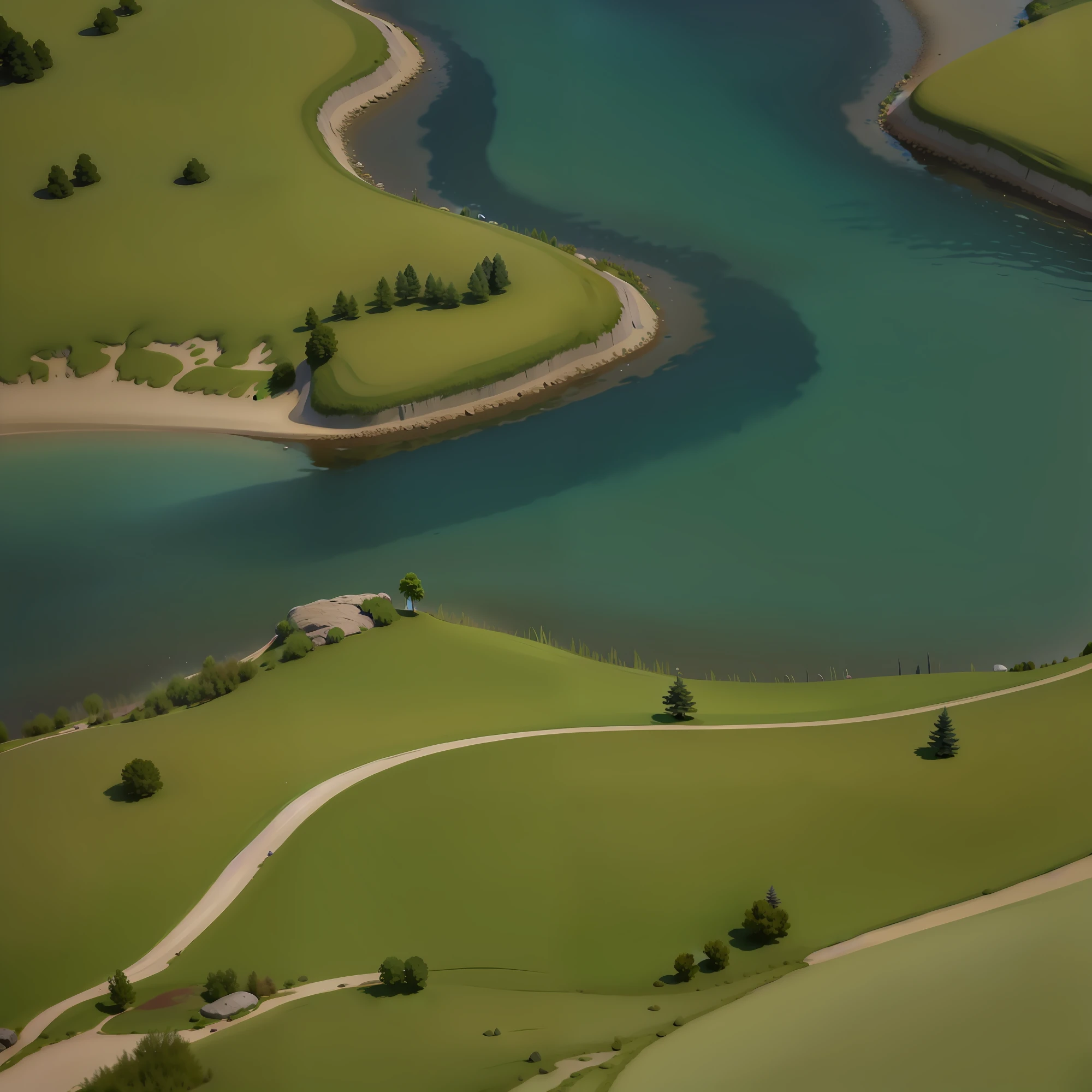 (8k, RAW photo, best quality, masterpiece: 1.2), (realistic, photorealistic: 1.37), stereoscopic, strong contrast, in midday sun, mountain, river, ocean, terrain, cliff, coast, bush, cloud, field, forest, grass, green_theme, landscape, mountain, nature, no_humans, on_grass, outdoor, path, plant, river, rock, landscape, tree