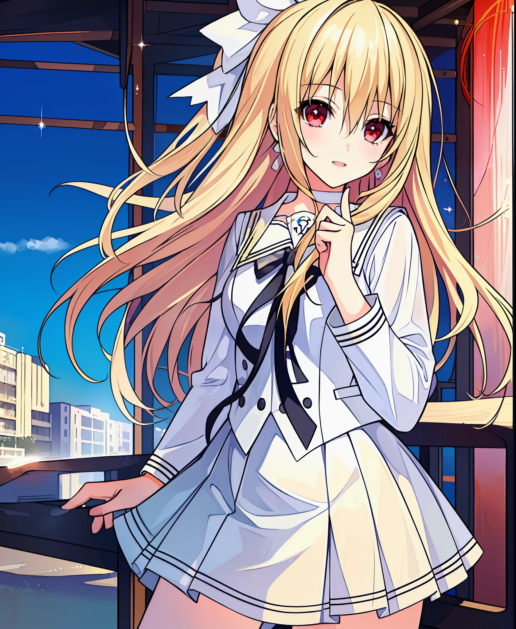 18 year old beautiful girl, ((Masterpiece)))), (((highest quality)))), ((((very detailed)))), detailed fingers, illustration, 1 girl, solo, blonde right side pony, blonde long hair, white ribbon on right hair, white school uniform, red eyes, white mini skirt, MAYURI