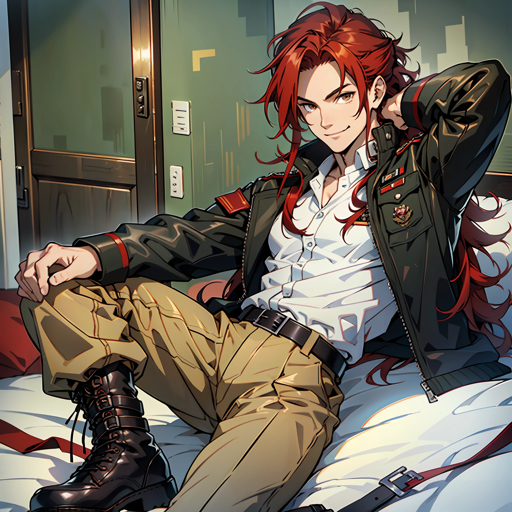 Red hair, hair with locks at the tips of black color, brown eyes, defined body, red jacket, white shirt, long military pants of green color, military boots of black color, silver belt, anime, bedroom, smile.