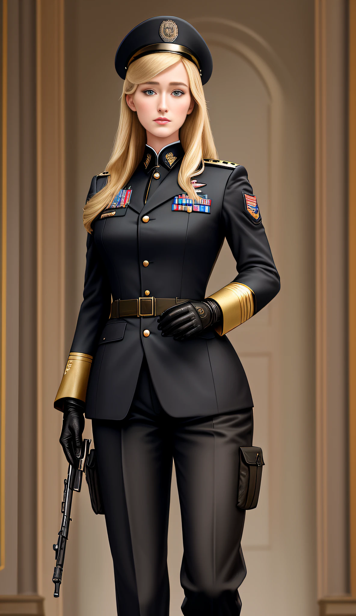 Very detailed, very sharp, best quality, masterpiece, tall and thin, blonde Ashley Johnson, congressional hall, gloves, black military jacket, army general, trousers, portrait, military cap
