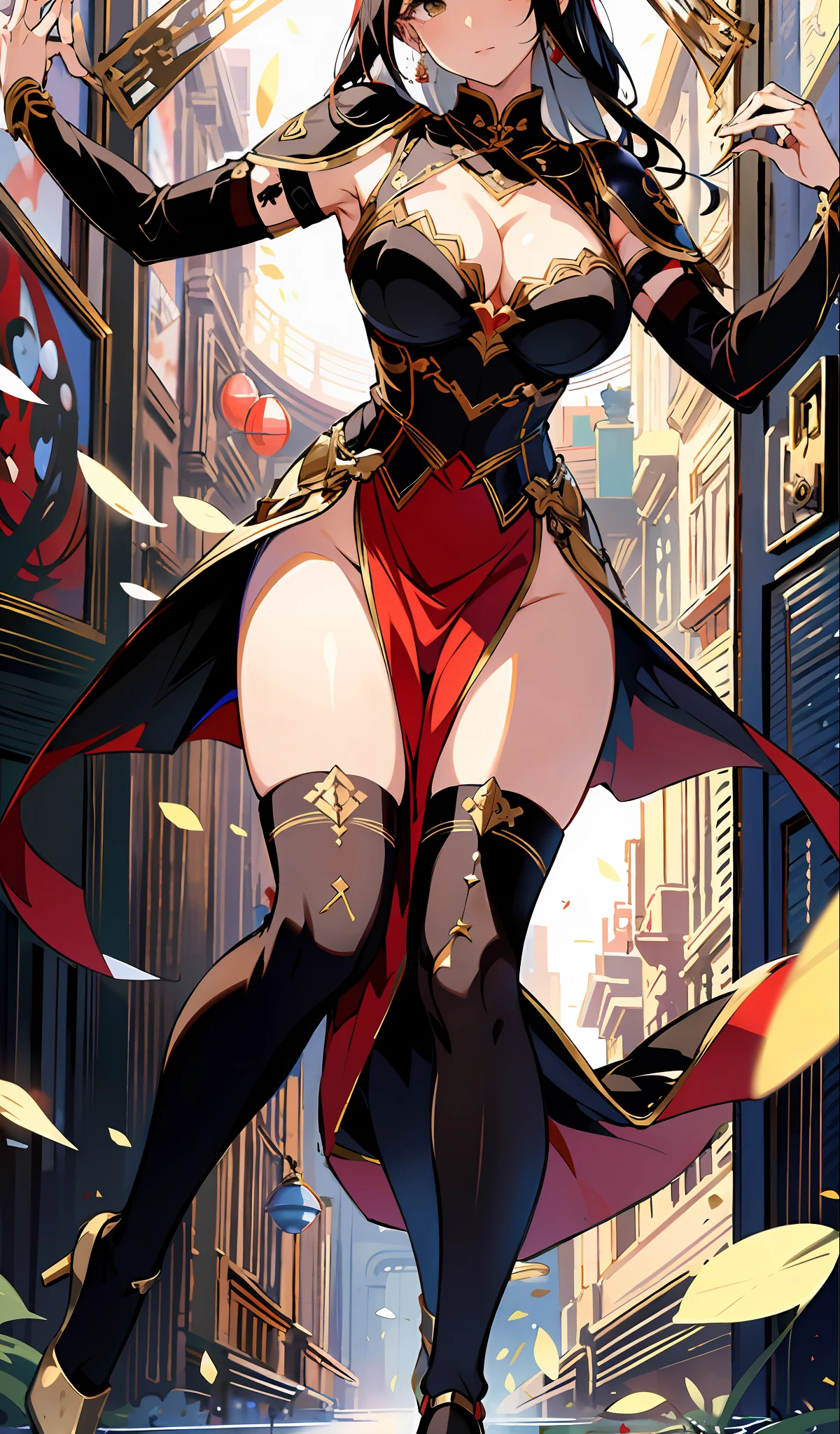 absurd res, high res, (masterpiece:1.4), ultra-detailed, 2girsl, from front, space, floating, Chinese dress, red Chinese dress, stockings, black hair, golden eyes, cleavage, focus on cleavage, legs together, full body, standing on hands, upside down, holding dress with 1hand, laying on wall