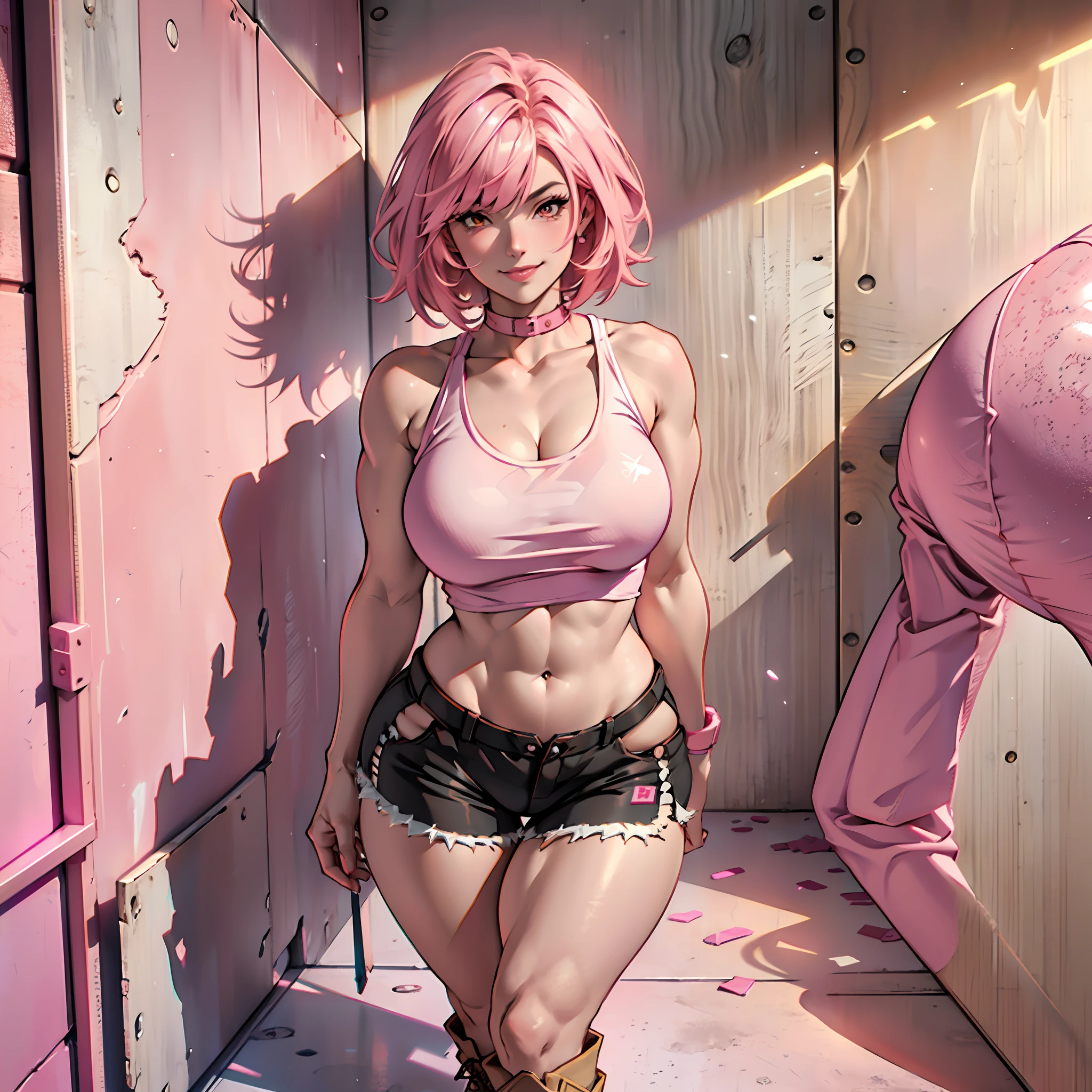 pink hair, short hair, bangs, naughty look, smile, botox lips, white tank top, mini collared shorts, pink military boots, orange eyes, bedroom, giant ass, giant breasts, curvy woman, anime, big hips, heaving ass, thin waist.