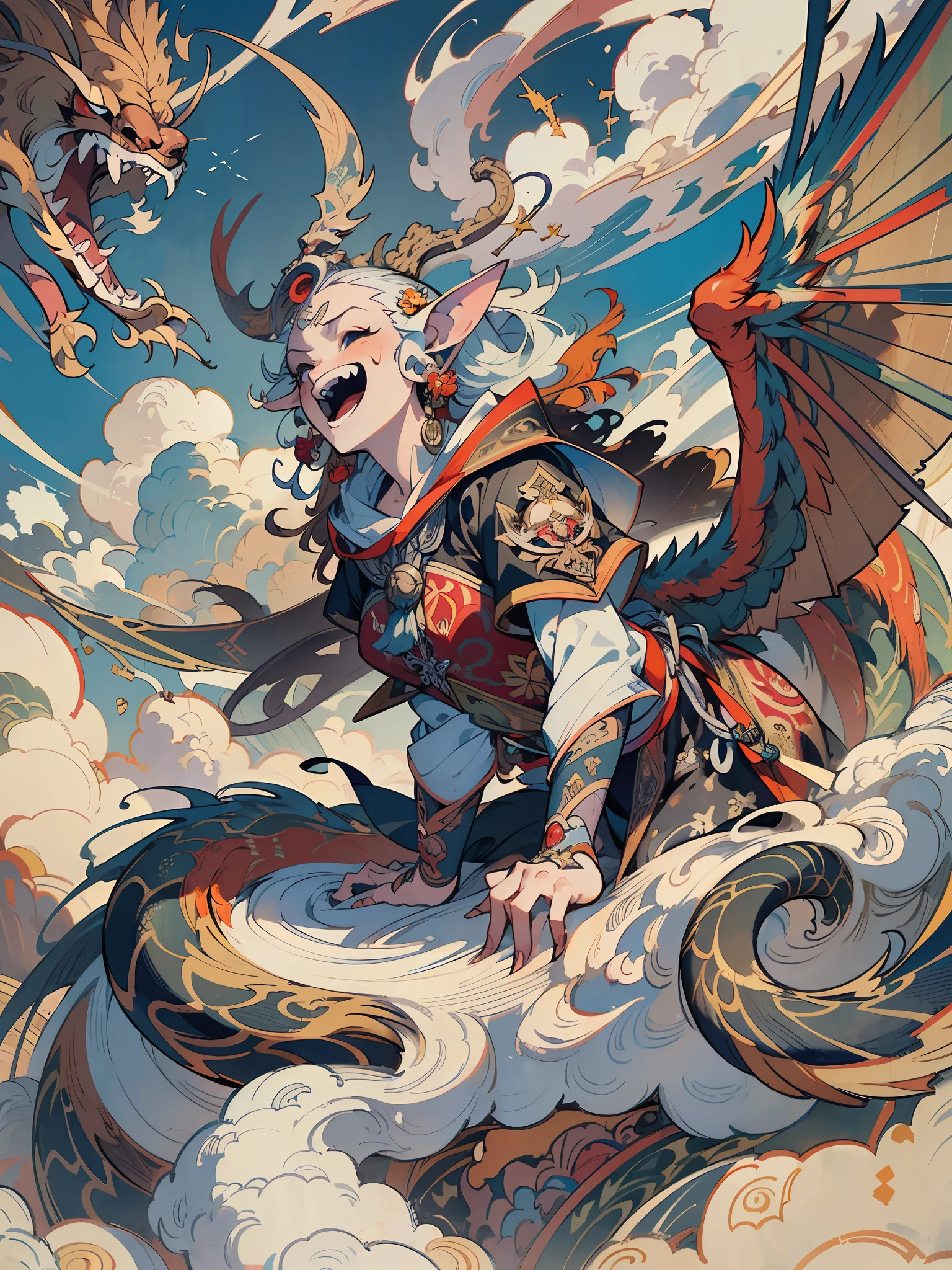 (splash art), (masterpiece ,best quality:1.2), detail face, laughing, a fantasy figure sitting on top of clouds, in the style of hanging scroll, strong facial expression, colorful grotesques, precisionist lines, large-scale muralist, manticore, upper body, illustration, high detail,