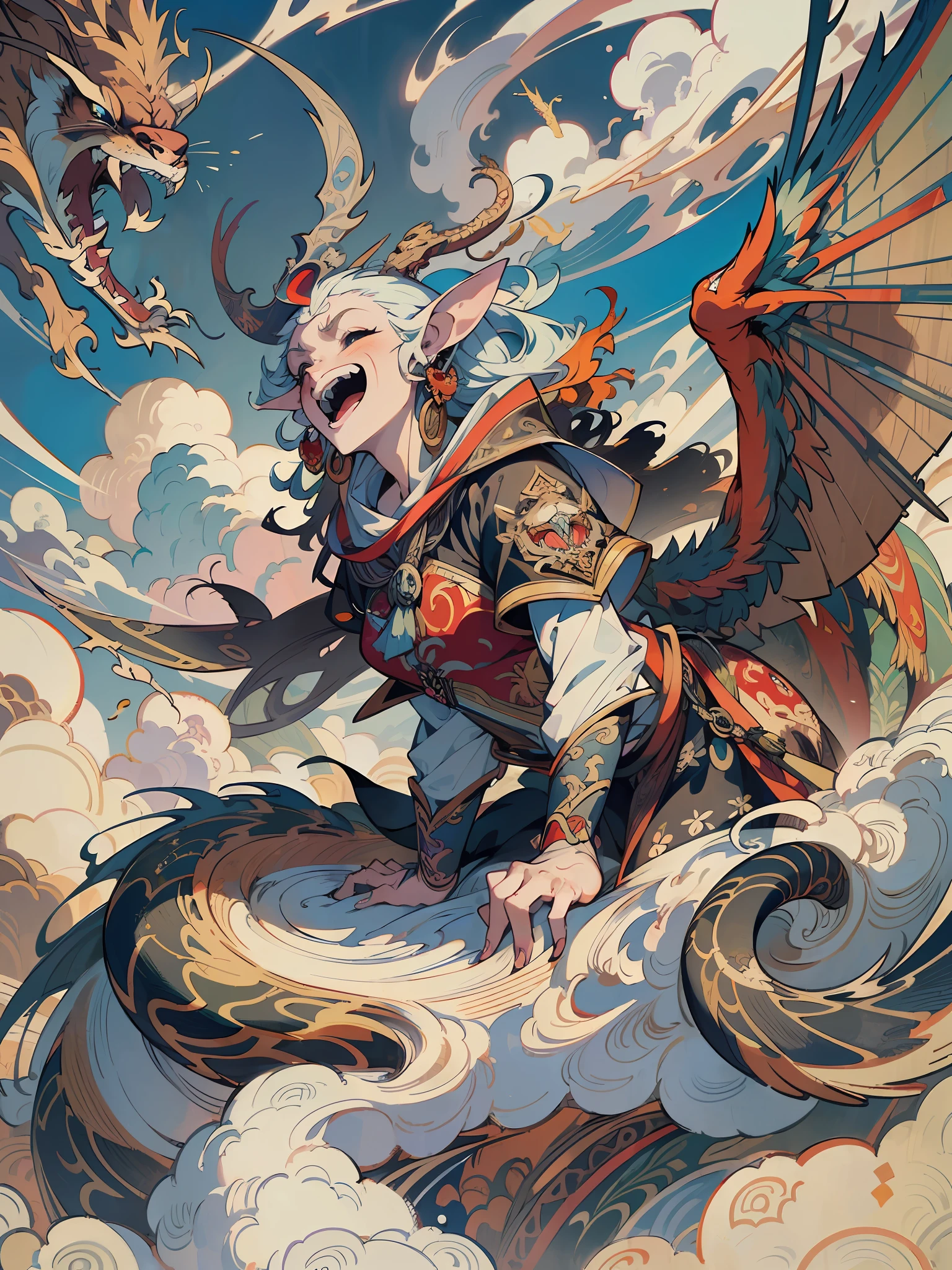 (splash art), (masterpiece ,best quality:1.2), detail face, laughing, a fantasy figure sitting on top of clouds, in the style of hanging scroll, strong facial expression, colorful grotesques, precisionist lines, large-scale muralist, manticore, upper body, illustration, high detail,