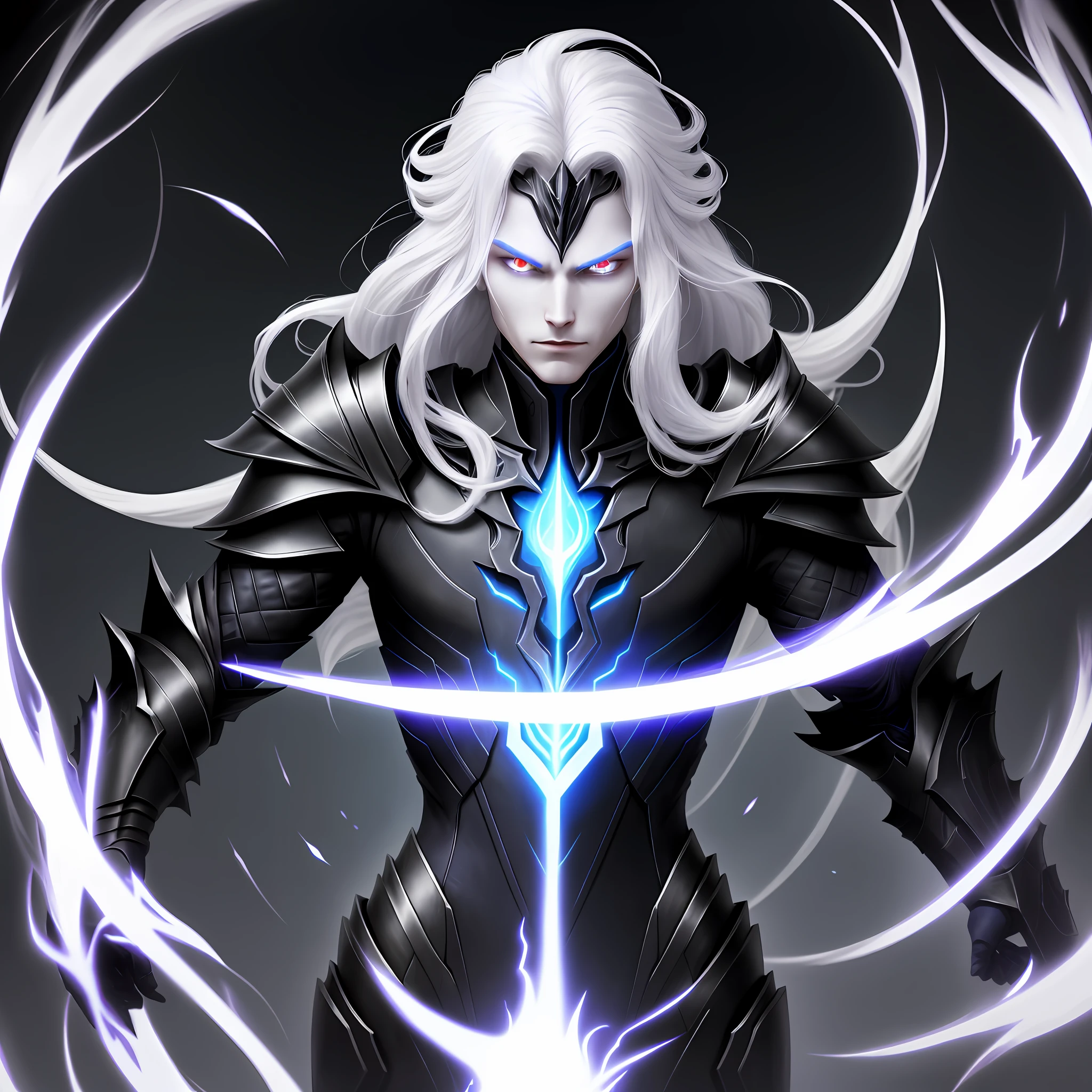Valarian is a mysterious being with an almost ethereal appearance. He has pale, almost translucent skin and bright, piercing eyes, whose iris reflects the black flames of darkness. His hair is silvery and floats around him as if he is constantly being touched by a dark breeze. Valarian wears elegant black armor, adorned with intricate and sinuous details, reminiscent of the sinister creatures of the aforementioned games. His armor radiates a subtle aura of dark energy.
