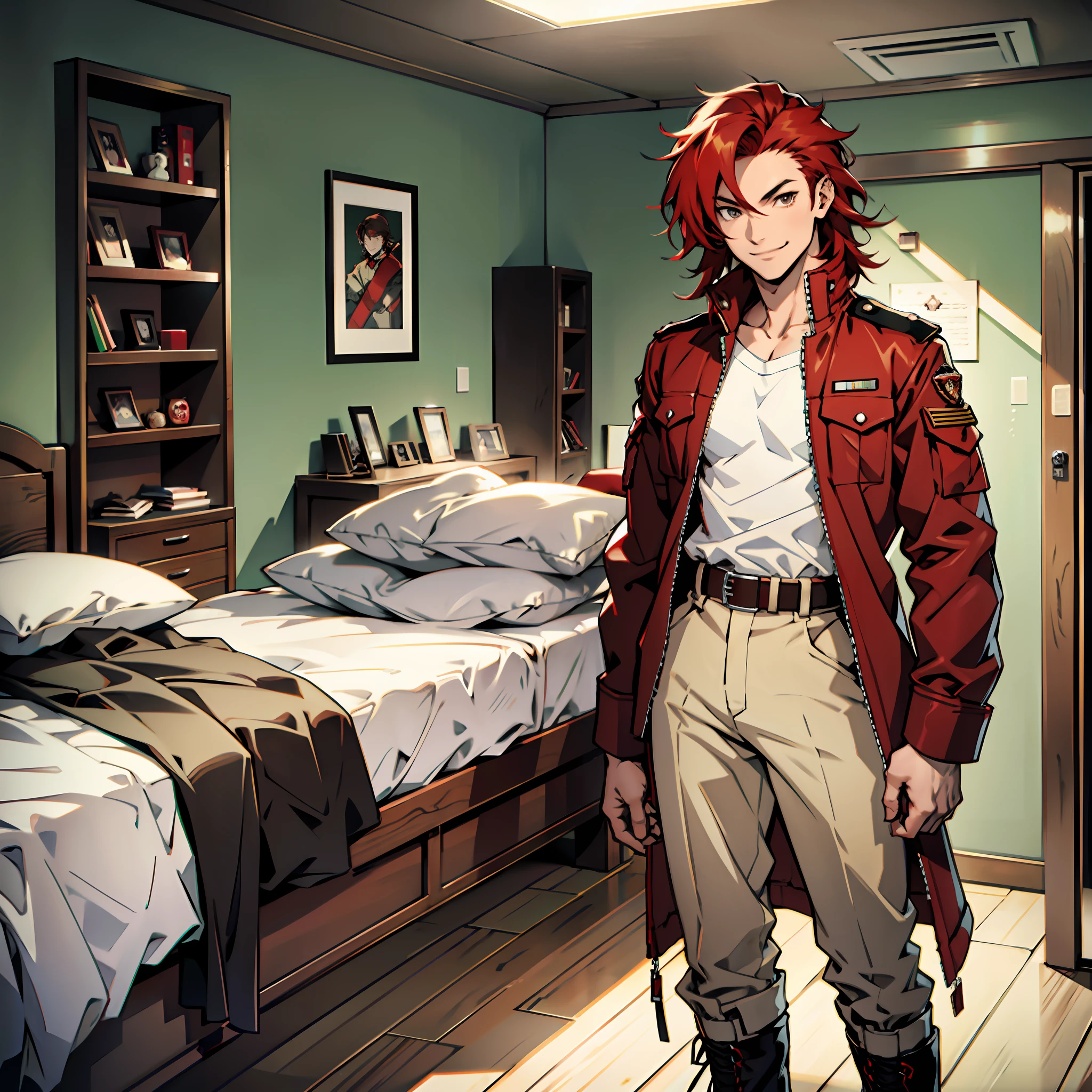 Red hair, hair with locks at the ends of black color, short hair, brown eyes, defined body, red jacket, white shirt, long military pants of green color, military boots of black color, silver belt, anime, bedroom, smile.